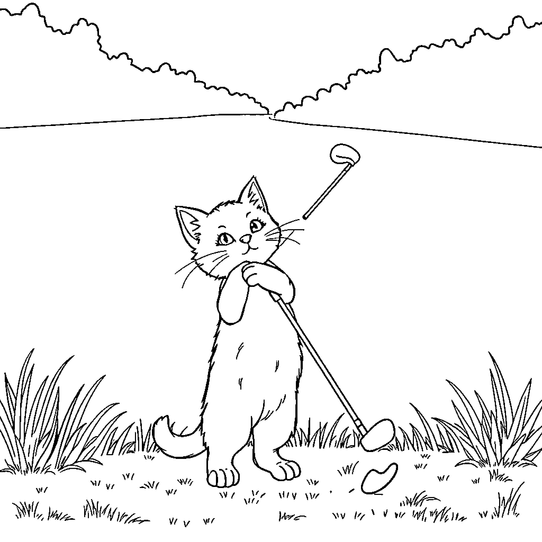 Cat exploring the scenic landscape Coloring Page (free black-and-white line drawing printable PDF for all, from beginners to advanced learners, including children, teens, adults, and seniors)