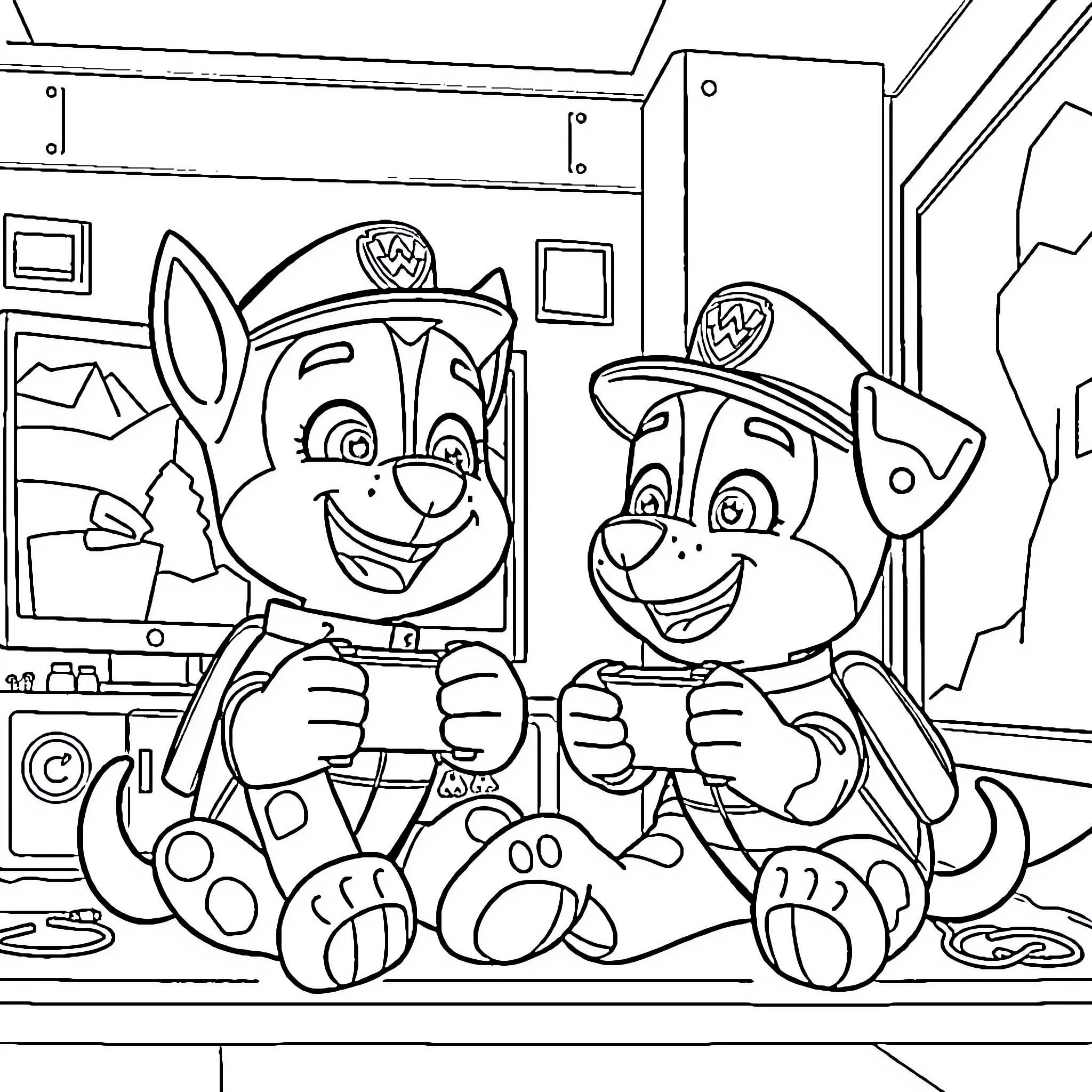 Bluey and Paw Patrol Friends Explore Playroom Coloring Page (free black-and-white line drawing printable PDF for all, from beginners to advanced learners, including children, teens, adults, and seniors)