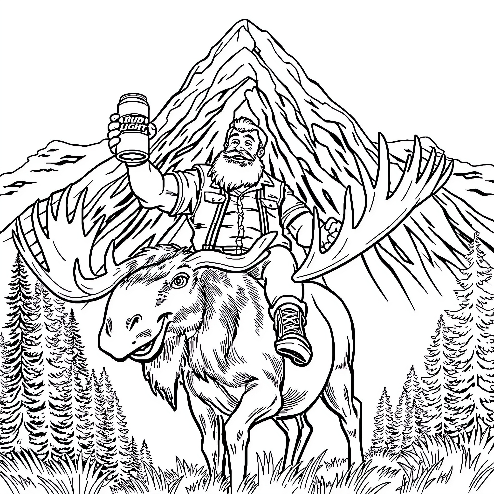 Moose rider exploring snowy mountain adventure Coloring Page (free black-and-white line drawing printable PDF for all, from beginners to advanced learners, including children, teens, adults, and seniors)