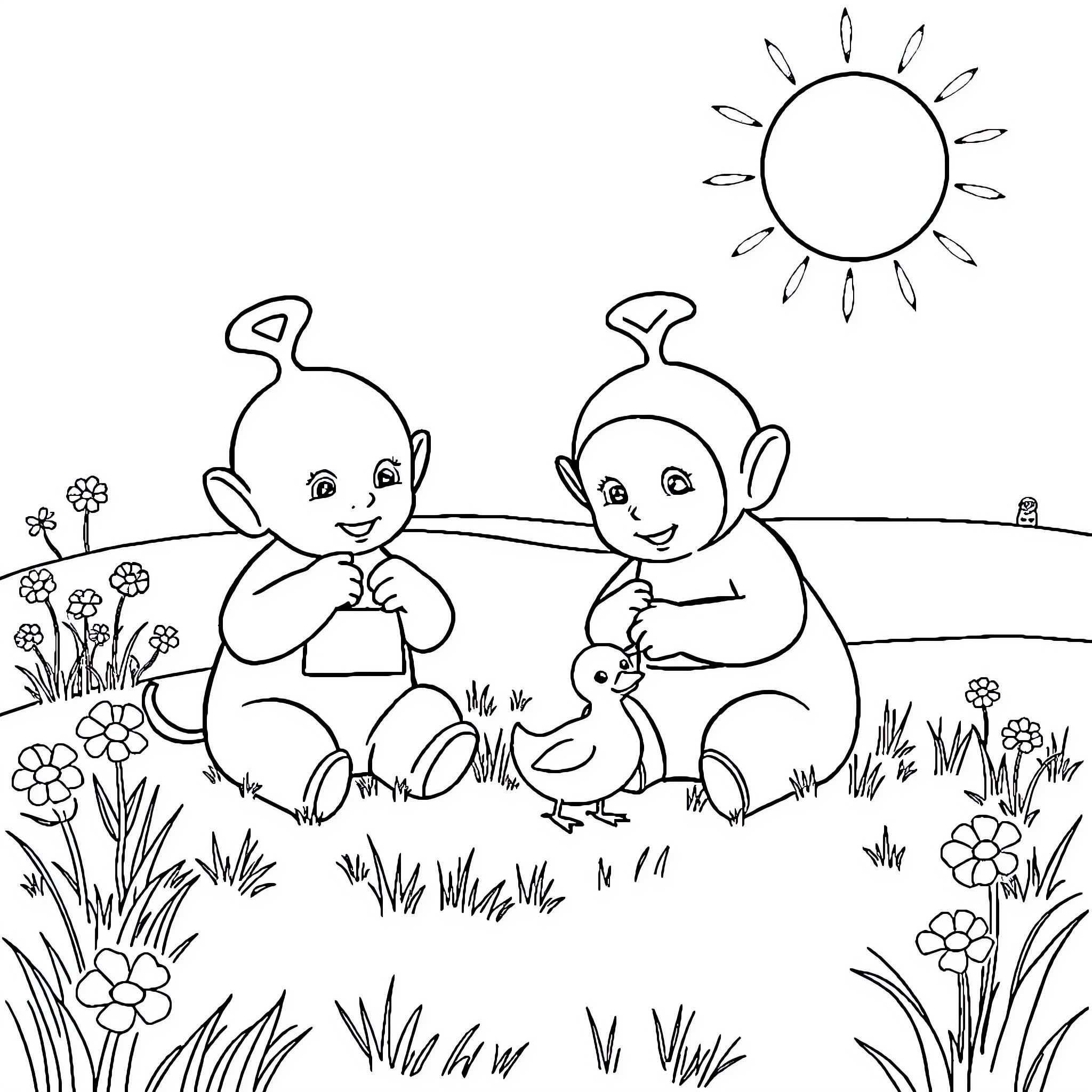 Teletubbies playing happily in a flowery meadow Coloring Page (free black-and-white line drawing printable PDF for all, from beginners to advanced learners, including children, teens, adults, and seniors)