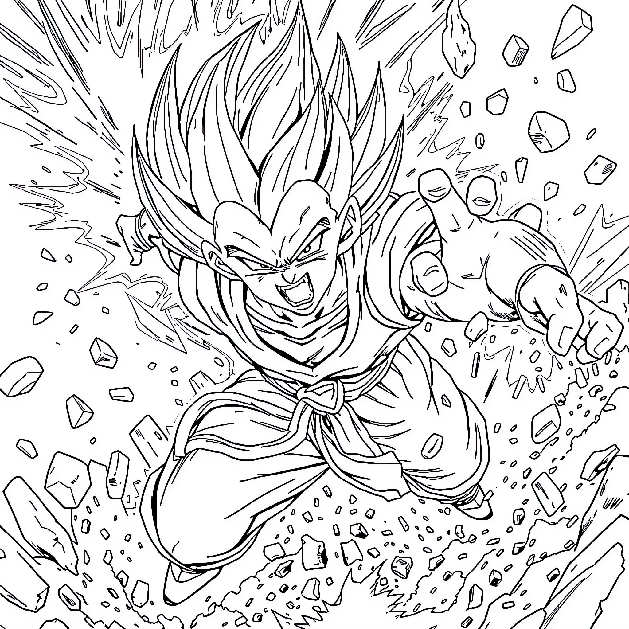 Vegeta's Powerful Transformation Coloring Page (free black-and-white line drawing printable PDF for all, from beginners to advanced learners, including children, teens, adults, and seniors)