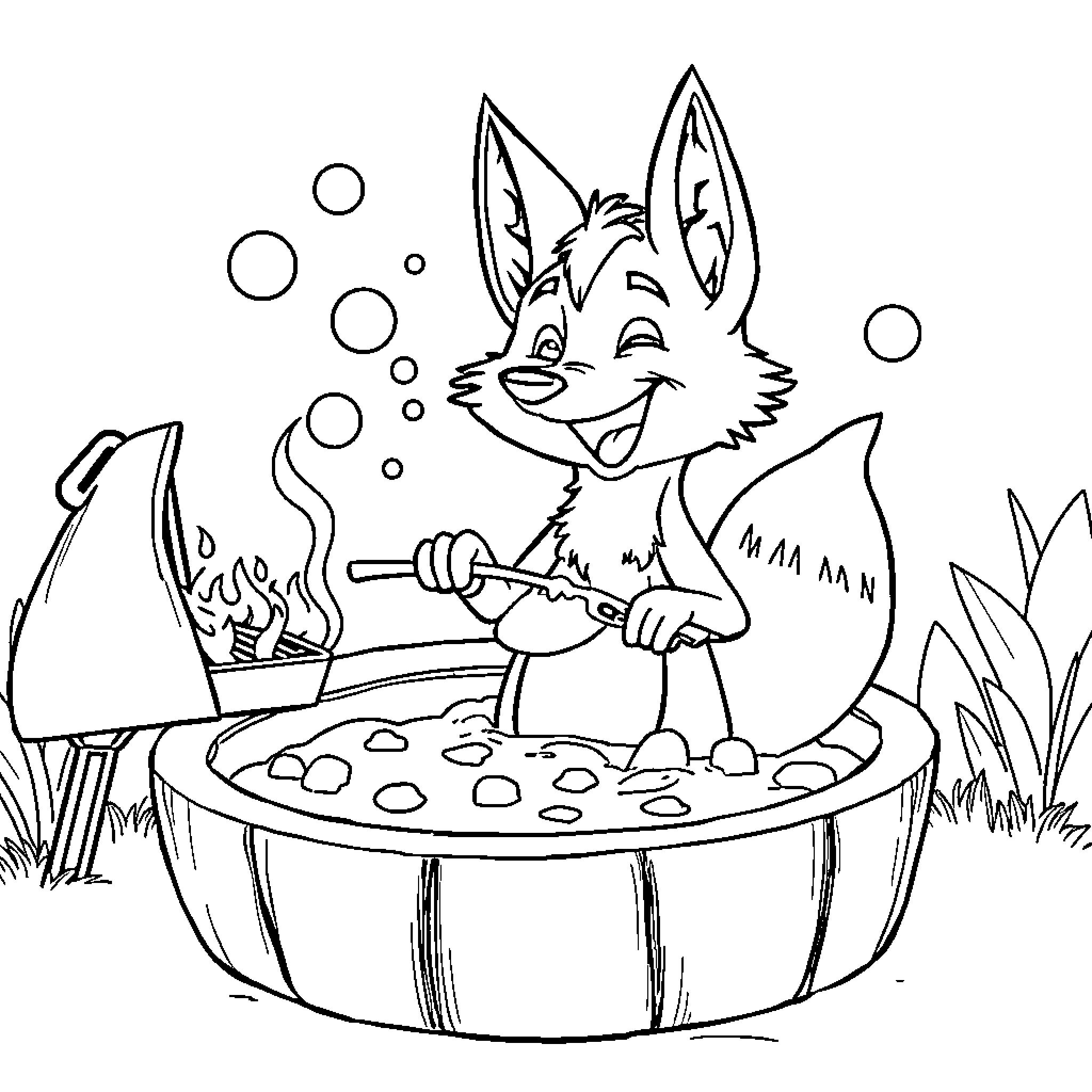 Fox cooking happily in a campfire Coloring Page (free black-and-white line drawing printable PDF for all, from beginners to advanced learners, including children, teens, adults, and seniors)