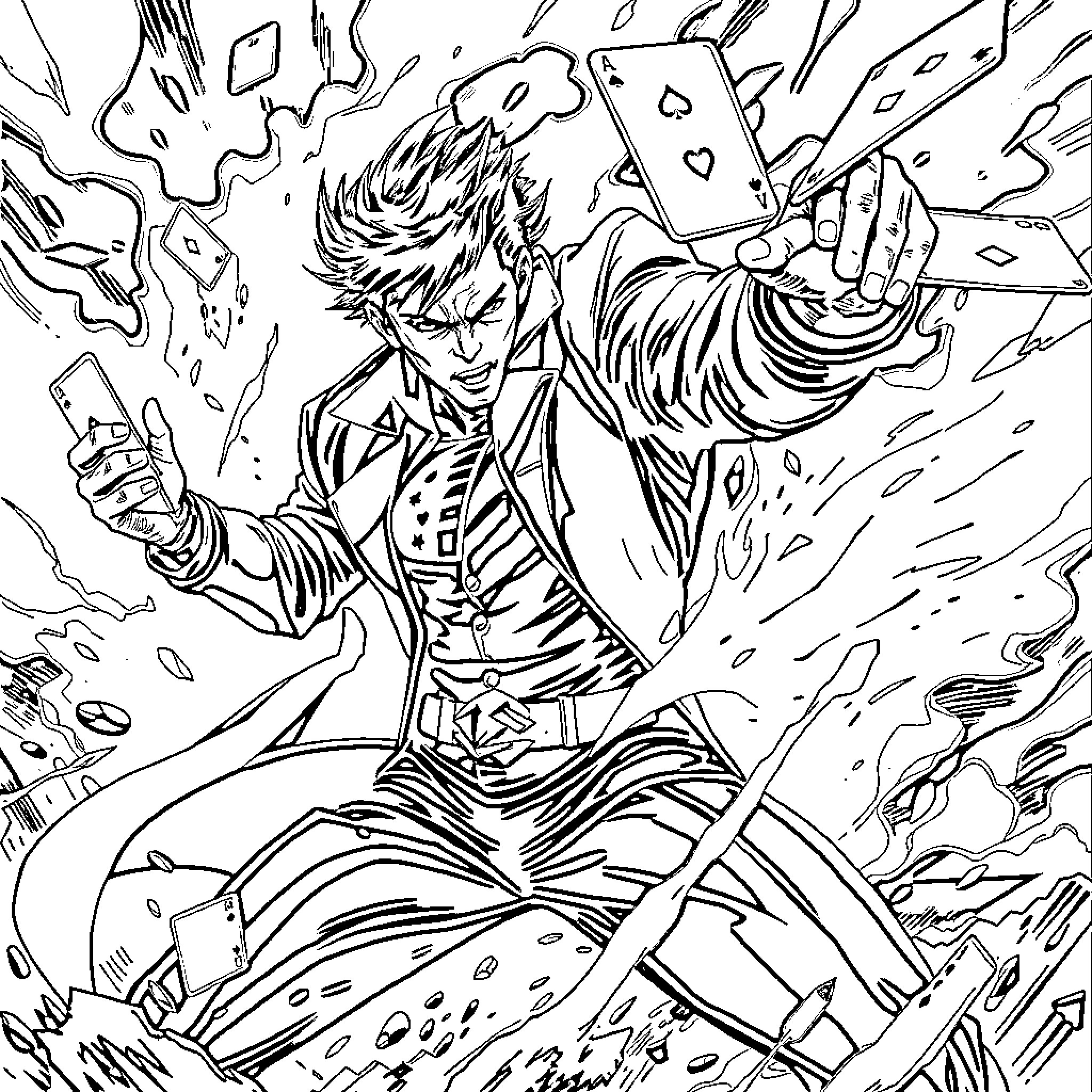 Gambit's Explosive Maneuvers Coloring Page (free black-and-white line drawing printable PDF for all, from beginners to advanced learners, including children, teens, adults, and seniors)