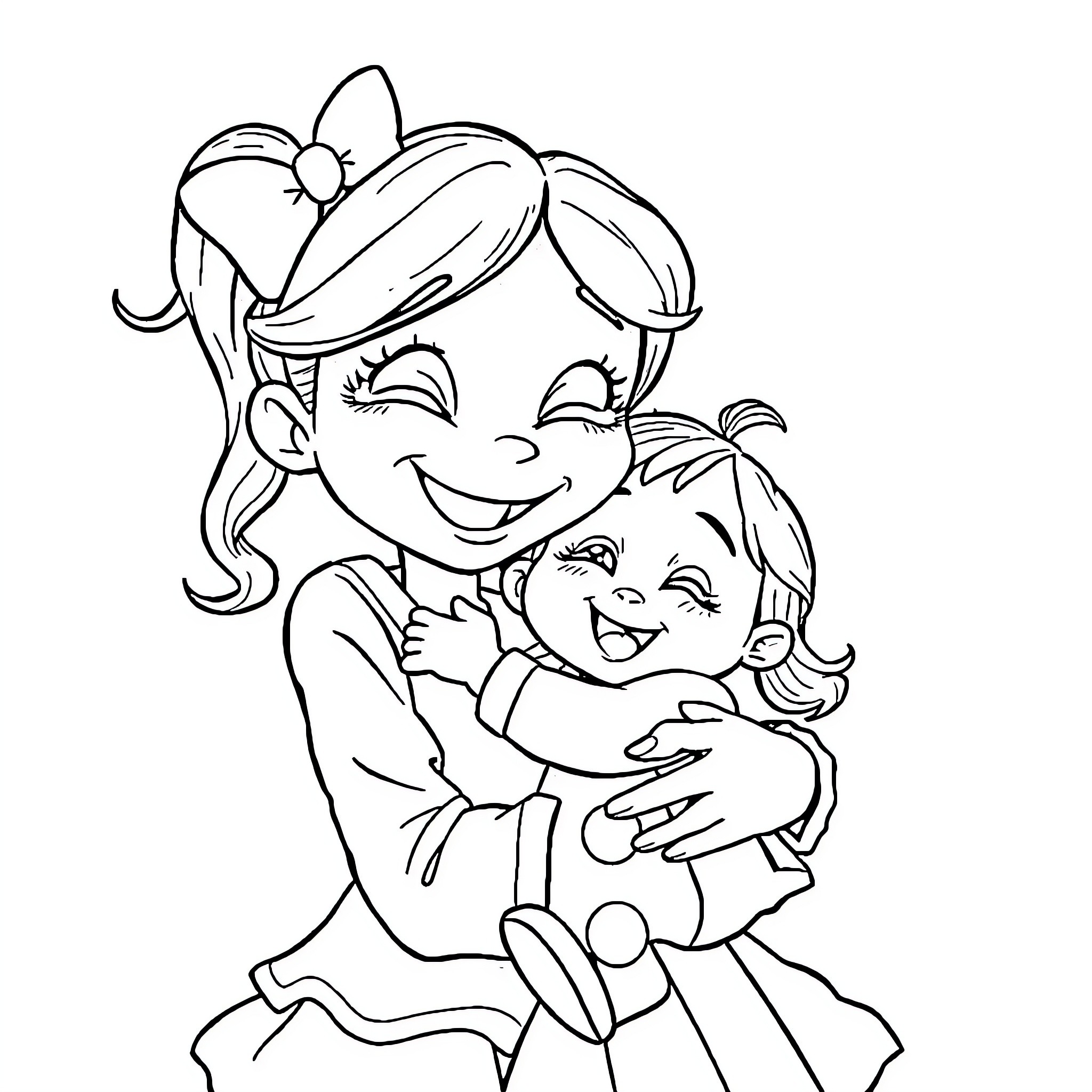 Bluey and Bingo embracing joyfully Coloring Page (free black-and-white line drawing printable PDF for all, from beginners to advanced learners, including children, teens, adults, and seniors)