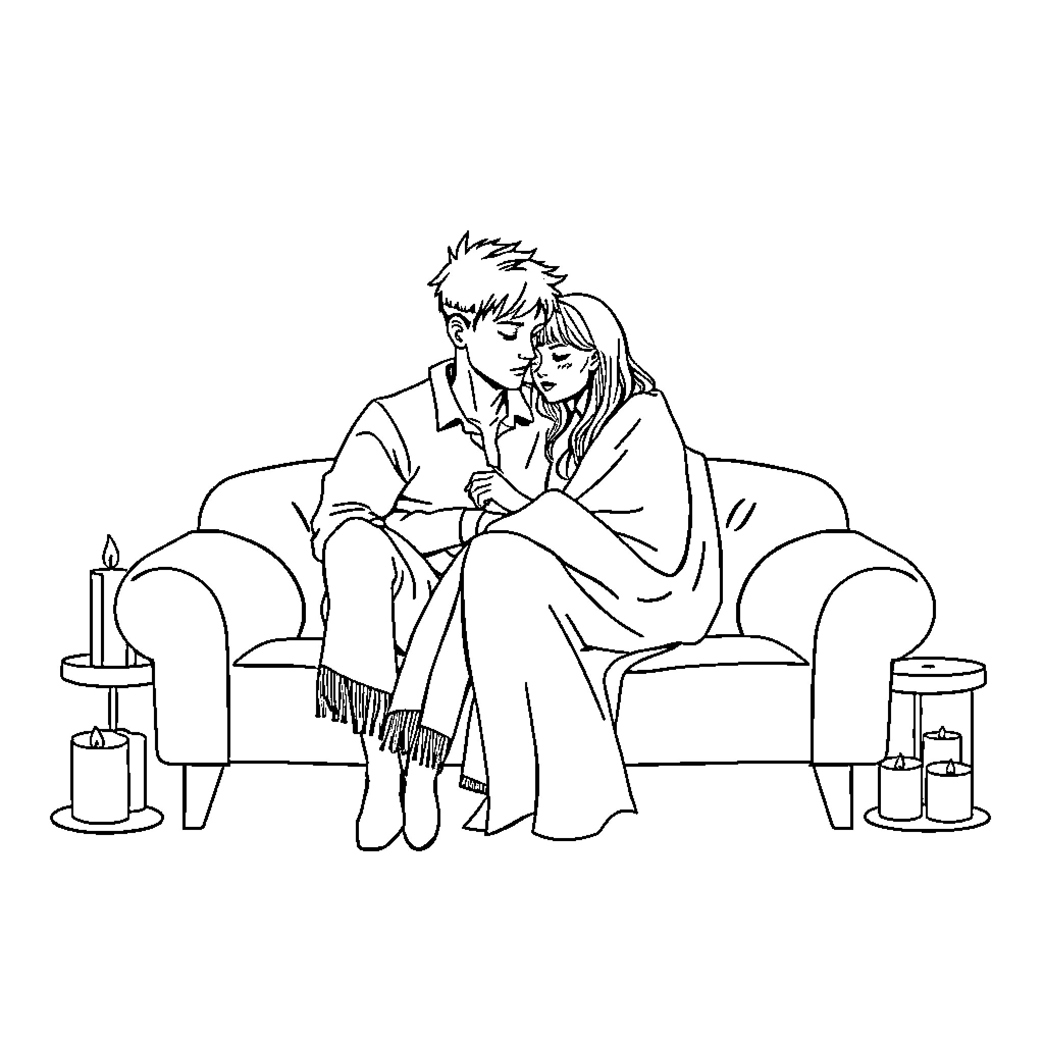 Couple sharing an intimate moment on the couch Coloring Page (free black-and-white line drawing printable PDF for all, from beginners to advanced learners, including children, teens, adults, and seniors)