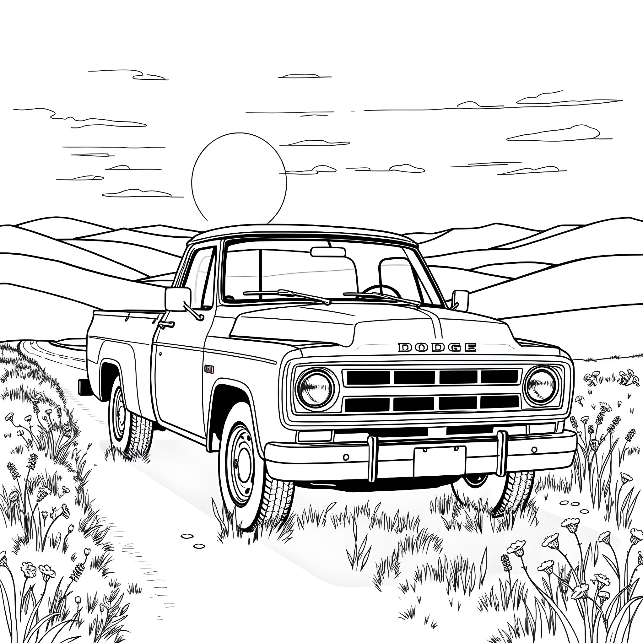 Dodge Pickup truck in a scenic landscape Coloring Page (free black-and-white line drawing printable PDF for all, from beginners to advanced learners, including children, teens, adults, and seniors)