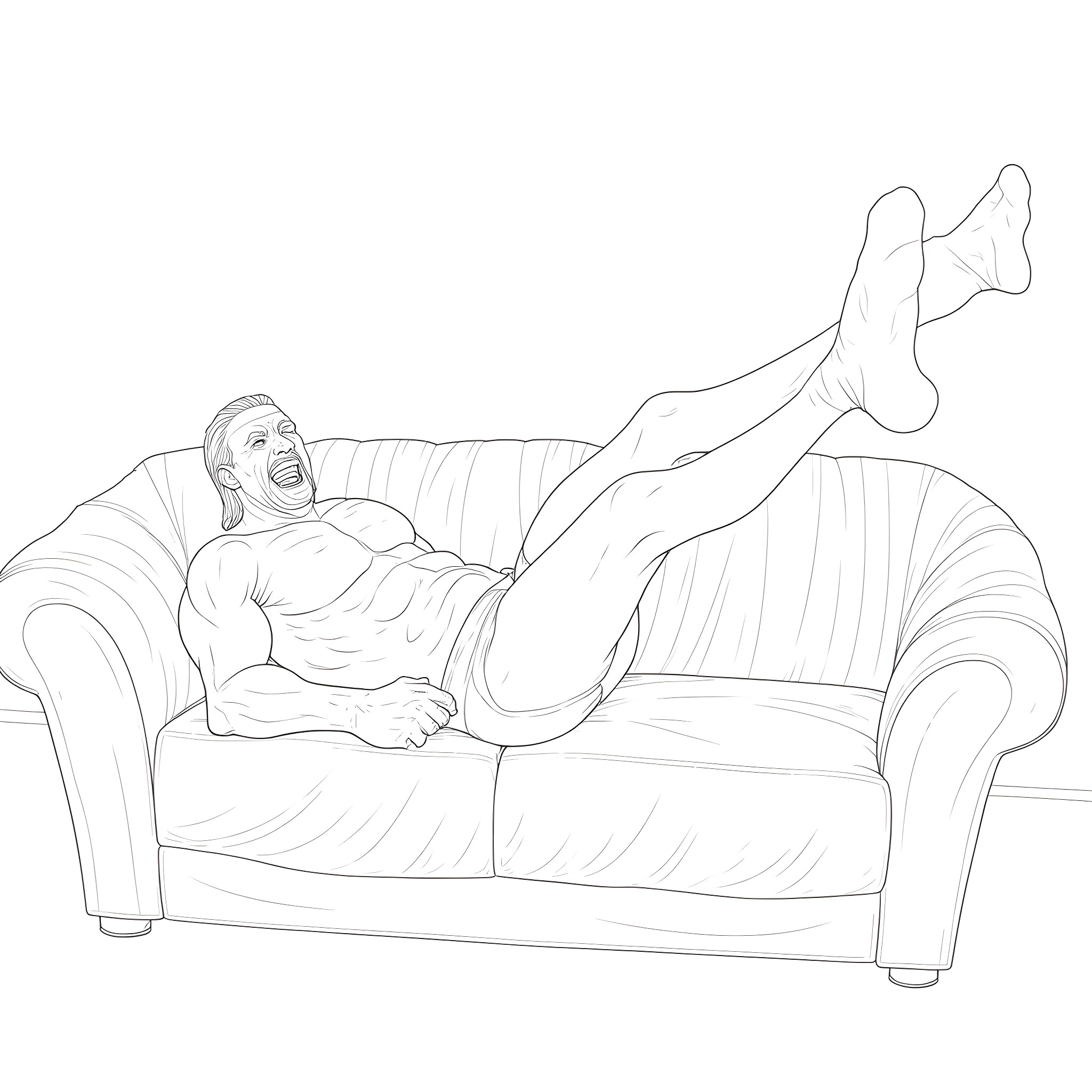 Hulk Hogan lounging comfortably on the couch Coloring Page (free black-and-white line drawing printable PDF for all, from beginners to advanced learners, including children, teens, adults, and seniors)
