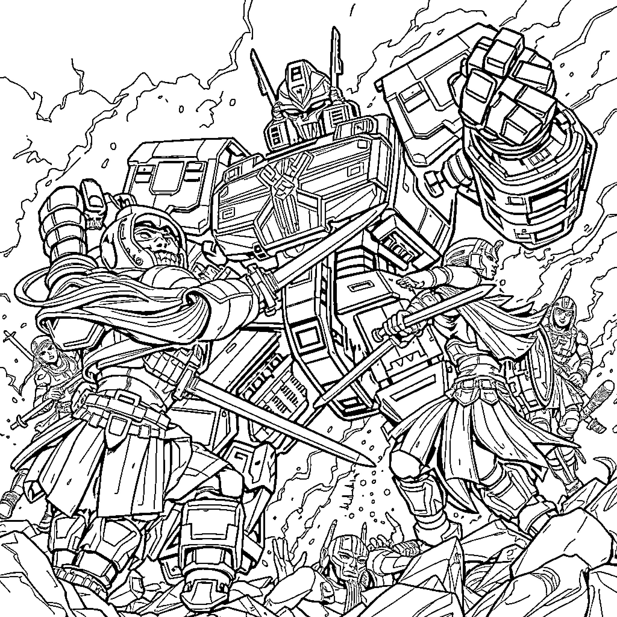 Gormiti warriors battling a massive mechanical giant Coloring Page (free black-and-white line drawing printable PDF for all, from beginners to advanced learners, including children, teens, adults, and seniors)