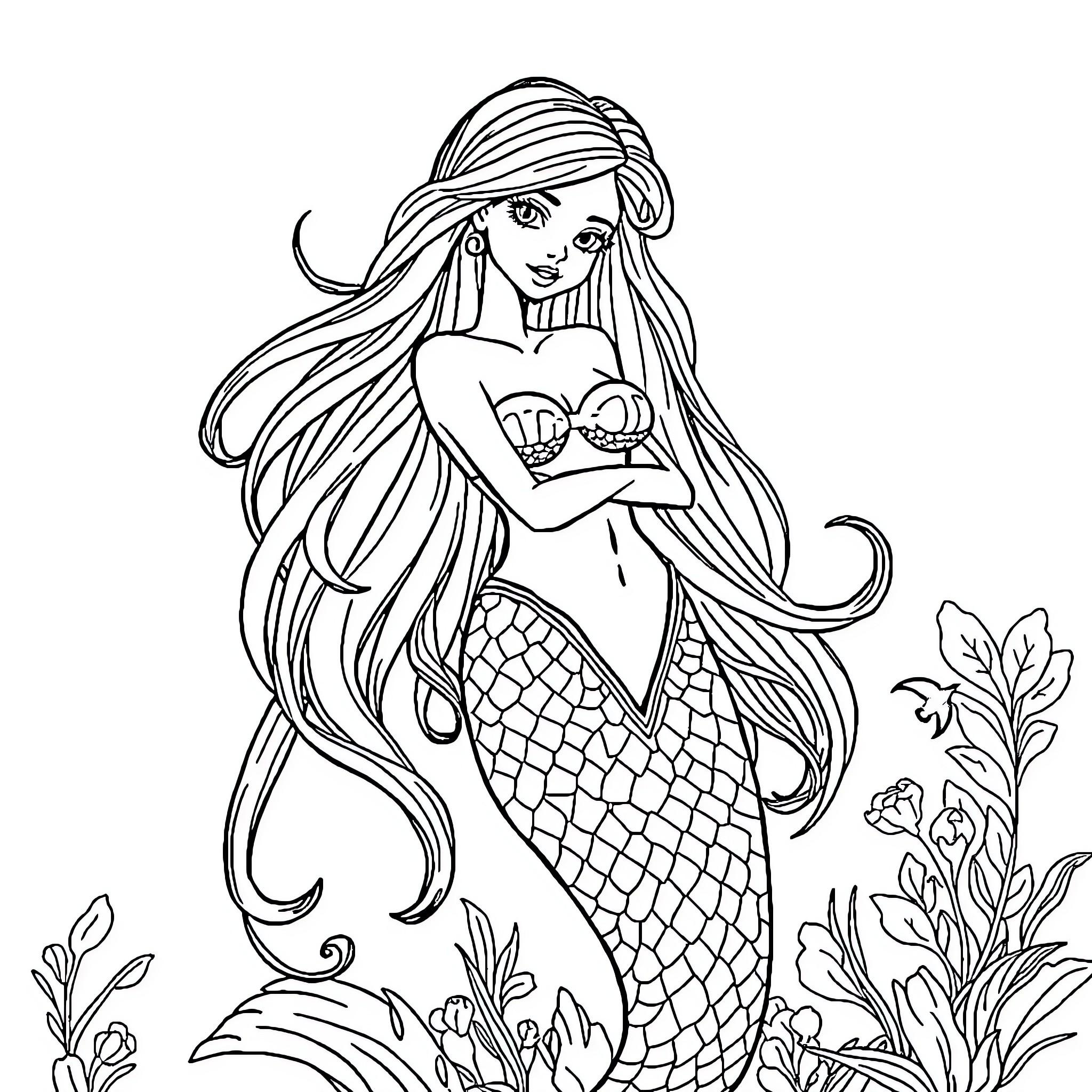 Mermaid enjoying the underwater garden Coloring Page (free black-and-white line drawing printable PDF for all, from beginners to advanced learners, including children, teens, adults, and seniors)