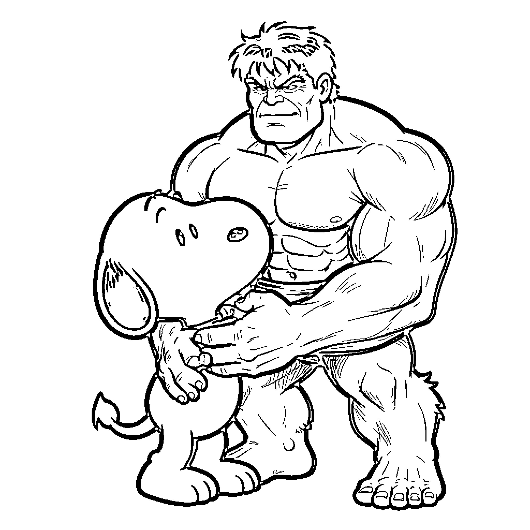 Snoopy and the Muscular Companion Coloring Page (free black-and-white line drawing printable PDF for all, from beginners to advanced learners, including children, teens, adults, and seniors)