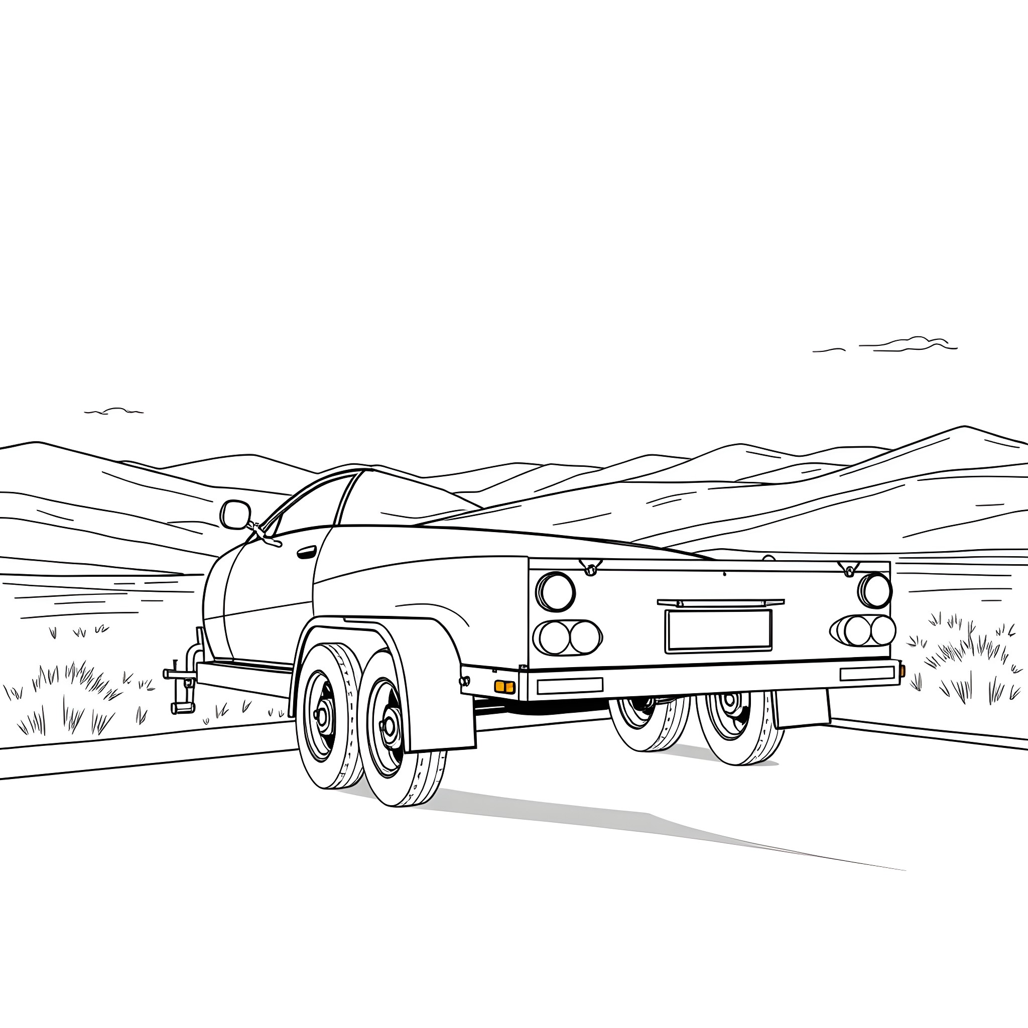 Car Trailer Transporting Vehicle in Scenic Landscape Coloring Page (free black-and-white line drawing printable PDF for all, from beginners to advanced learners, including children, teens, adults, and seniors)