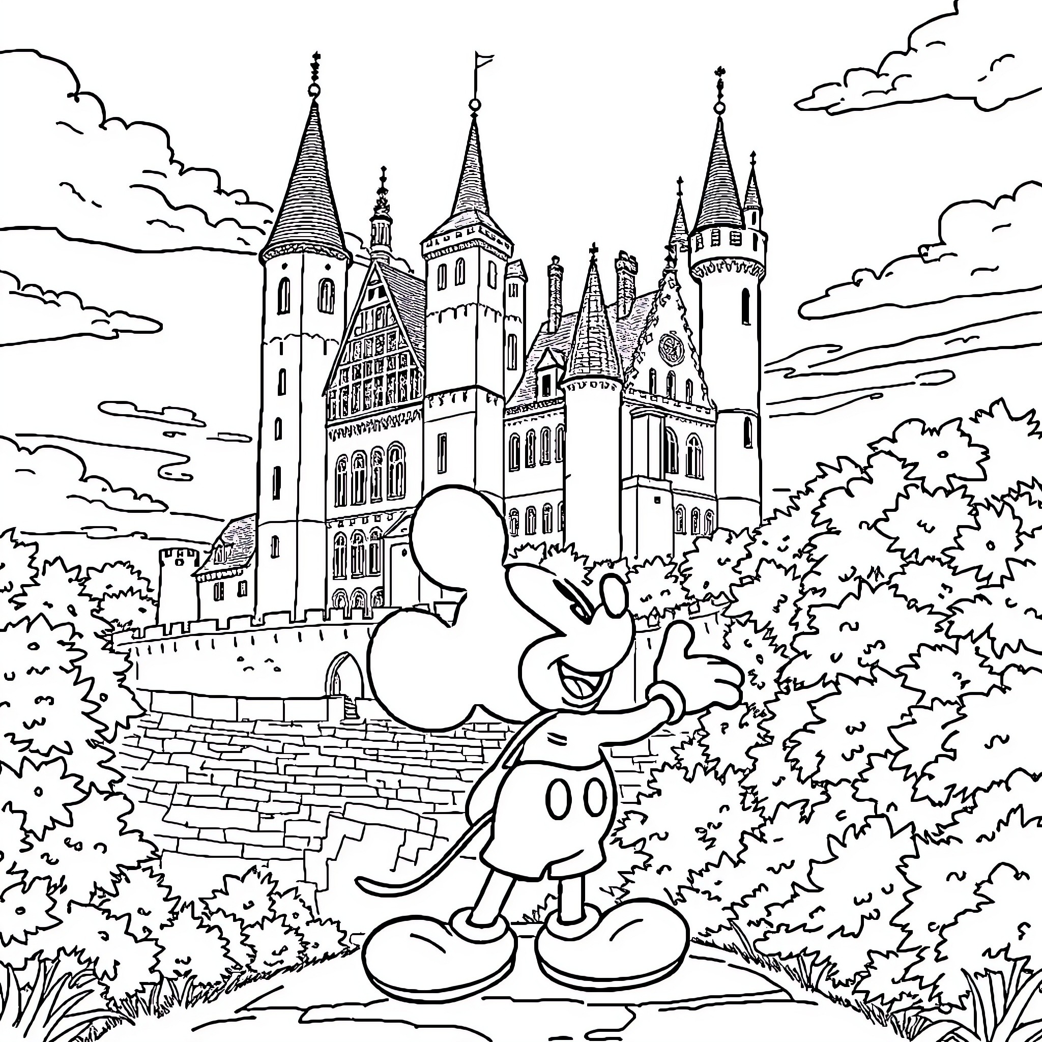 Mickey Mouse admiring a whimsical castle in the woods Coloring Page (free black-and-white line drawing printable PDF for all, from beginners to advanced learners, including children, teens, adults, and seniors)