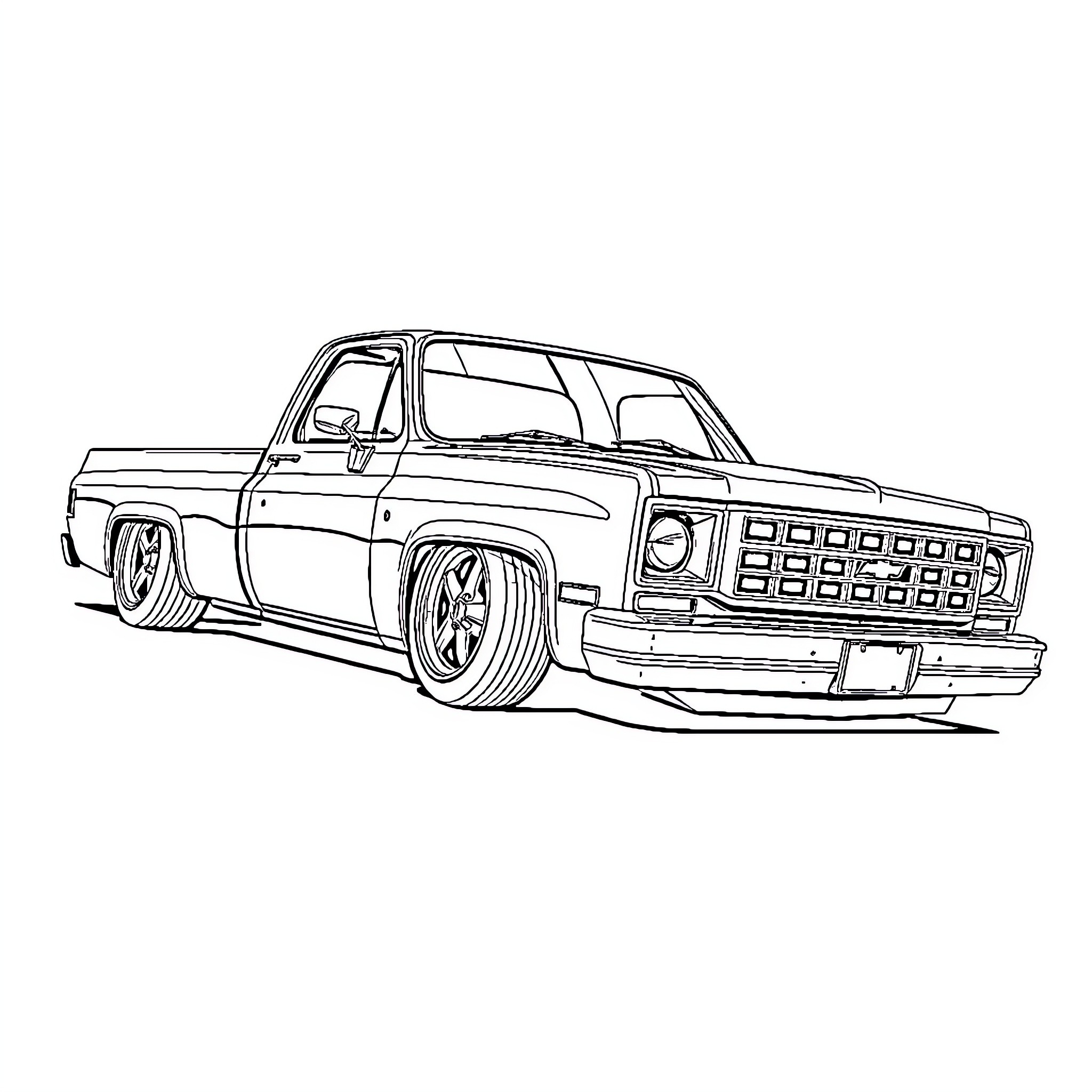 Chevy Pickup Truck in Stylized Outline Coloring Page (free black-and-white line drawing printable PDF for all, from beginners to advanced learners, including children, teens, adults, and seniors)