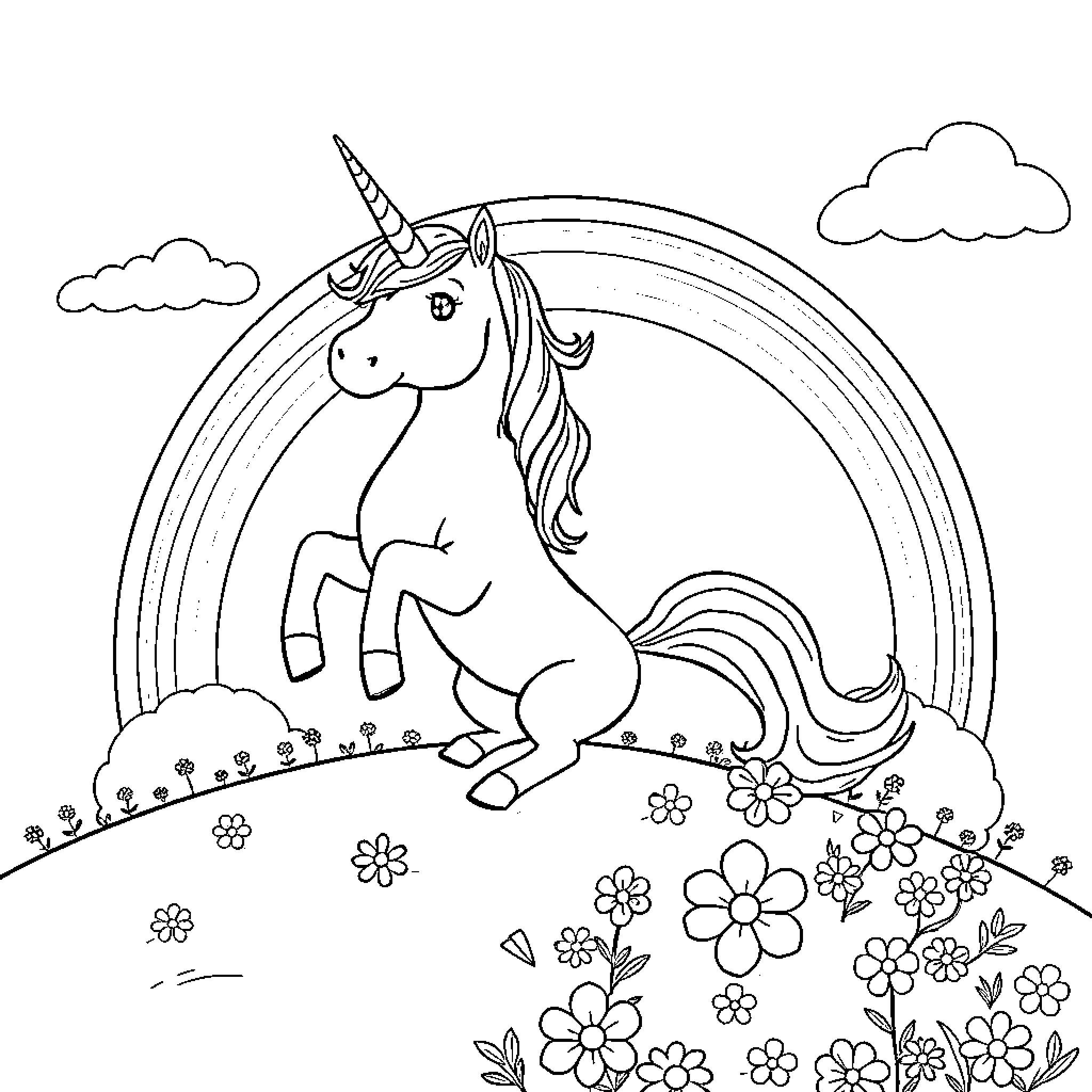 Unicorn frolicking in a field of flowers Coloring Page (free black-and-white line drawing printable PDF for all, from beginners to advanced learners, including children, teens, adults, and seniors)