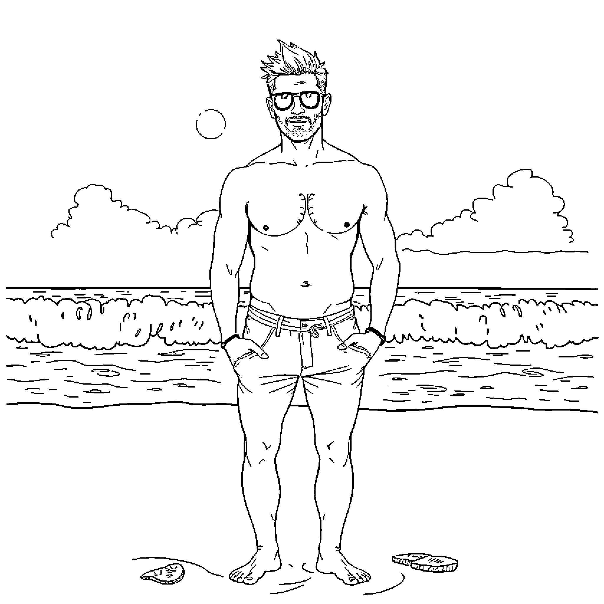 Jensen Ackles shirtless in beach landscape Coloring Page (free black-and-white line drawing printable PDF for all, from beginners to advanced learners, including children, teens, adults, and seniors)