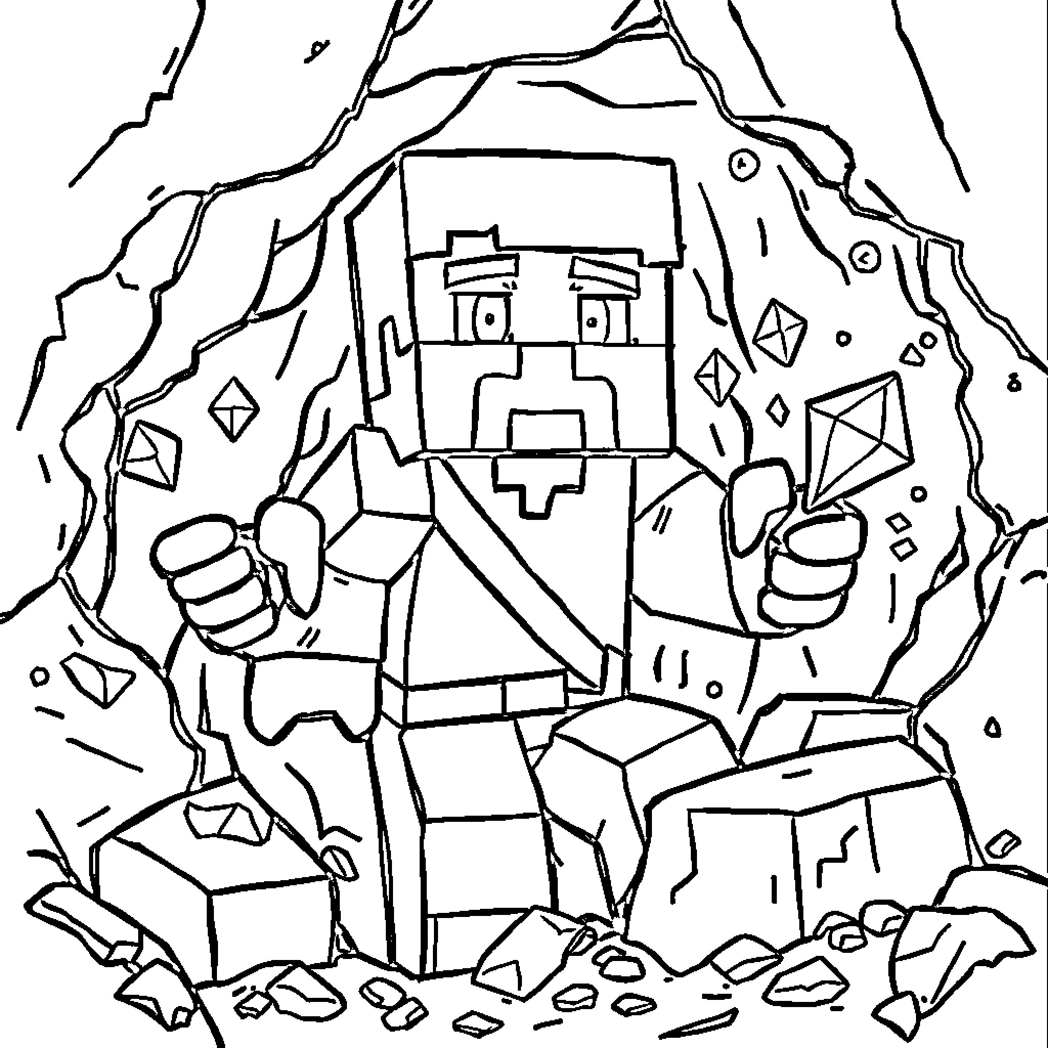 Steve exploring the rocky cave Coloring Page (free black-and-white line drawing printable PDF for all, from beginners to advanced learners, including children, teens, adults, and seniors)