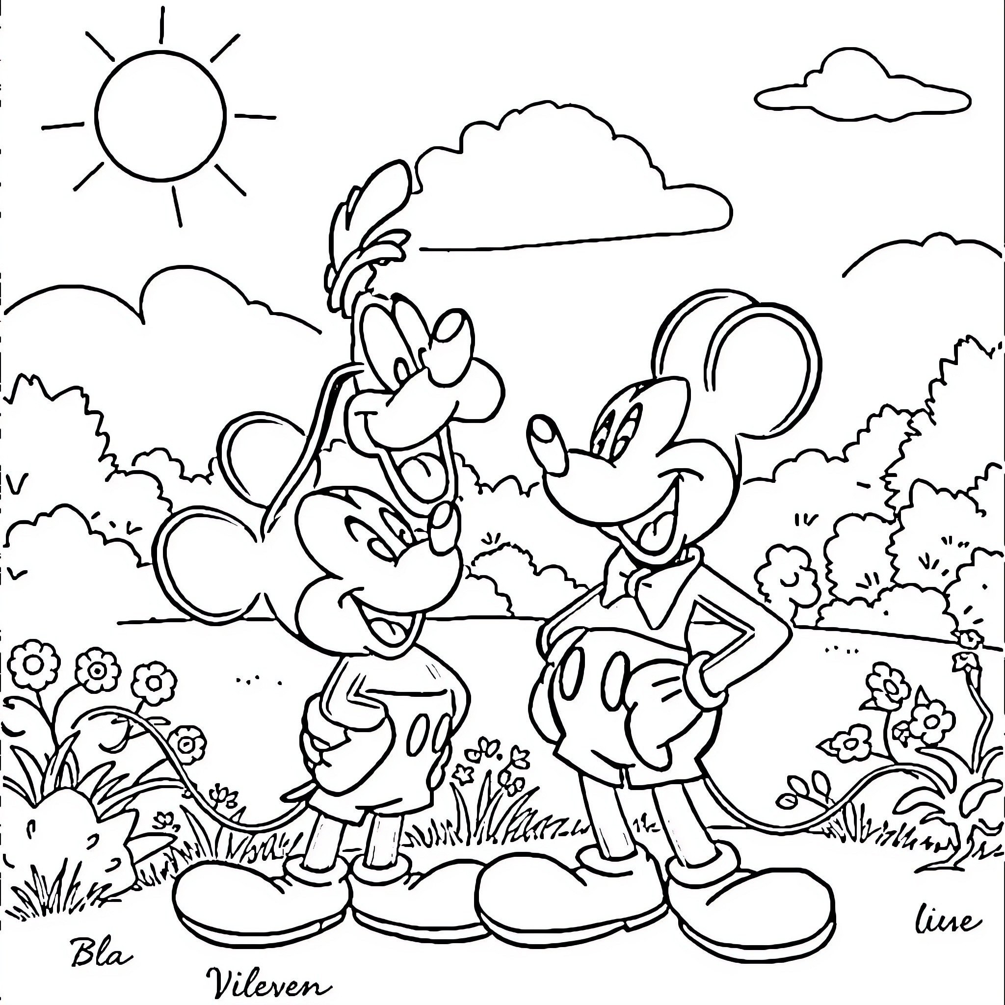 Mickey Mouse and friends enjoying the outdoors Coloring Page (free black-and-white line drawing printable PDF for all, from beginners to advanced learners, including children, teens, adults, and seniors)