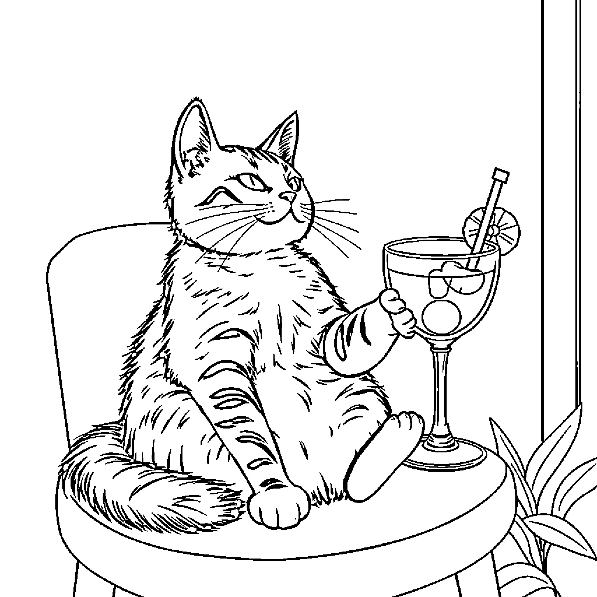 Kat relaxing with a refreshing beverage Coloring Page (free black-and-white line drawing printable PDF for all, from beginners to advanced learners, including children, teens, adults, and seniors)