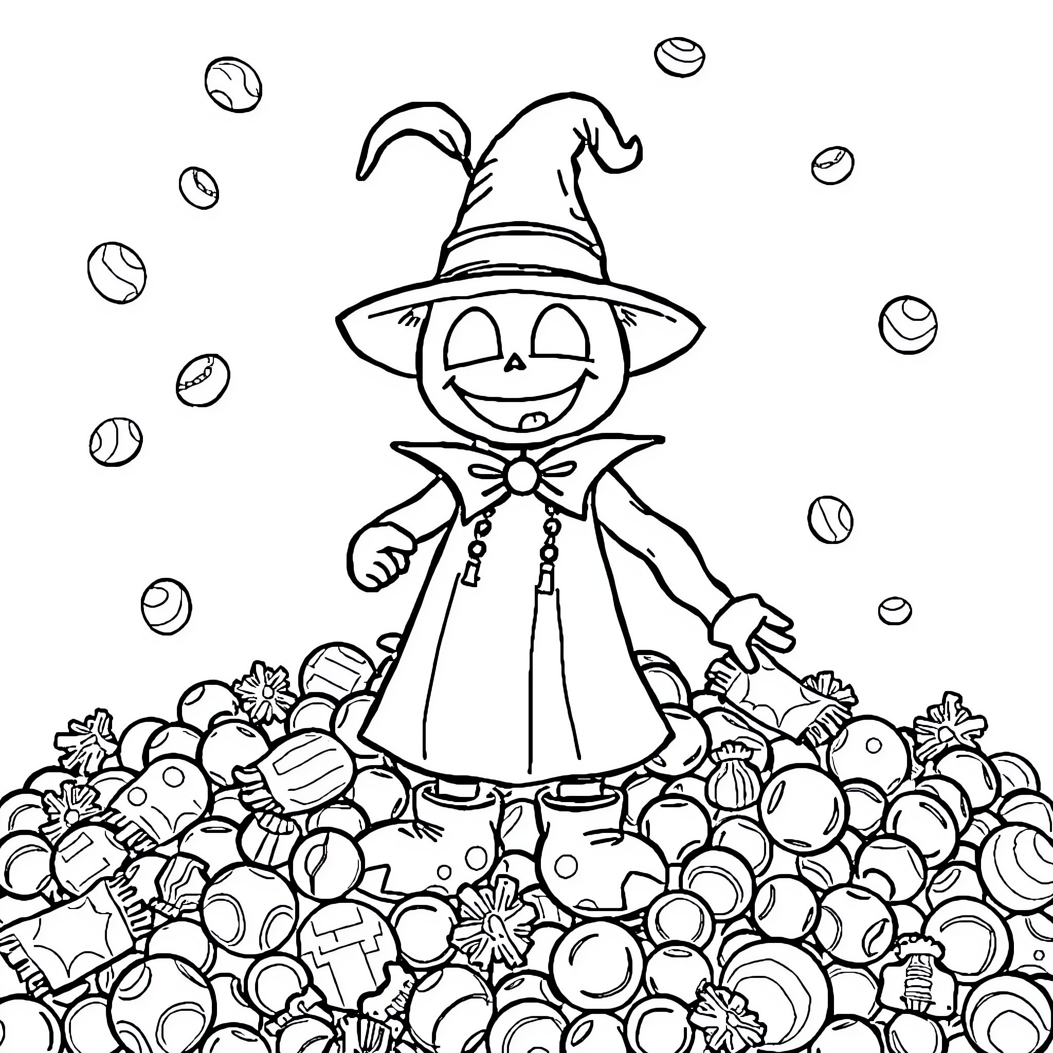 Sam's Whimsical Costume and Playful Surroundings Coloring Page (free black-and-white line drawing printable PDF for all, from beginners to advanced learners, including children, teens, adults, and seniors)