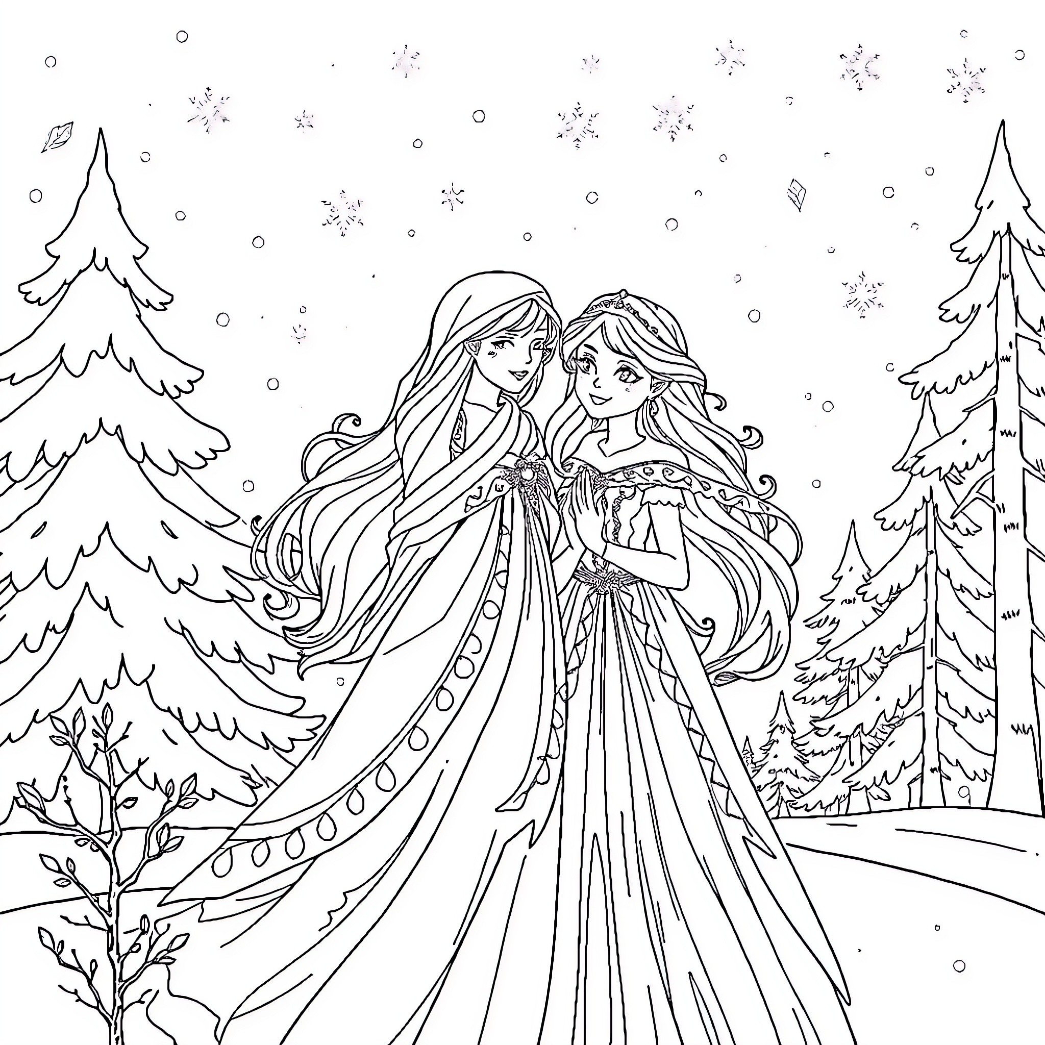 Snow White and the Enchanted Forest Coloring Page (free black-and-white line drawing printable PDF for all, from beginners to advanced learners, including children, teens, adults, and seniors)
