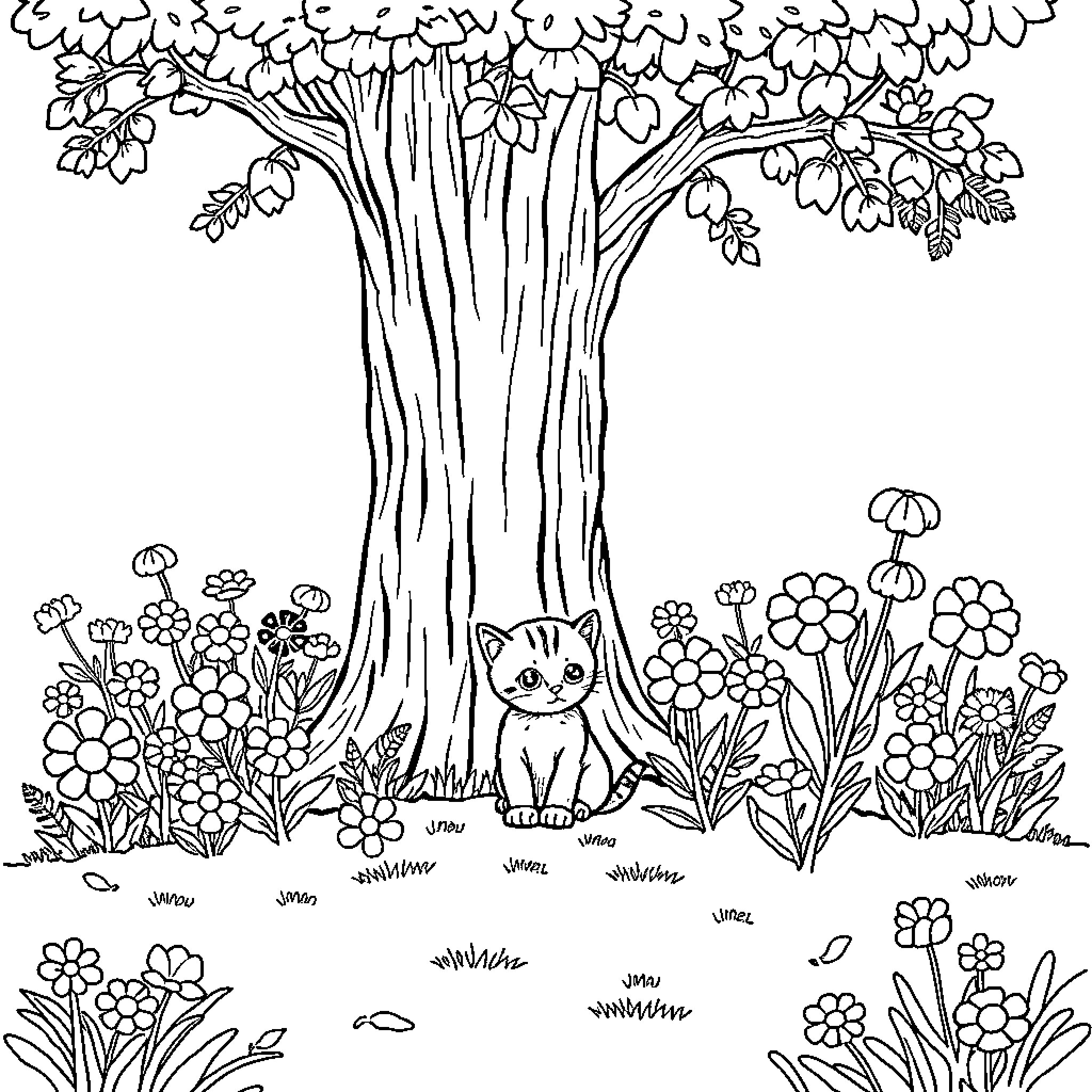Kitten hiding in the flowery forest Coloring Page (free black-and-white line drawing printable PDF for all, from beginners to advanced learners, including children, teens, adults, and seniors)
