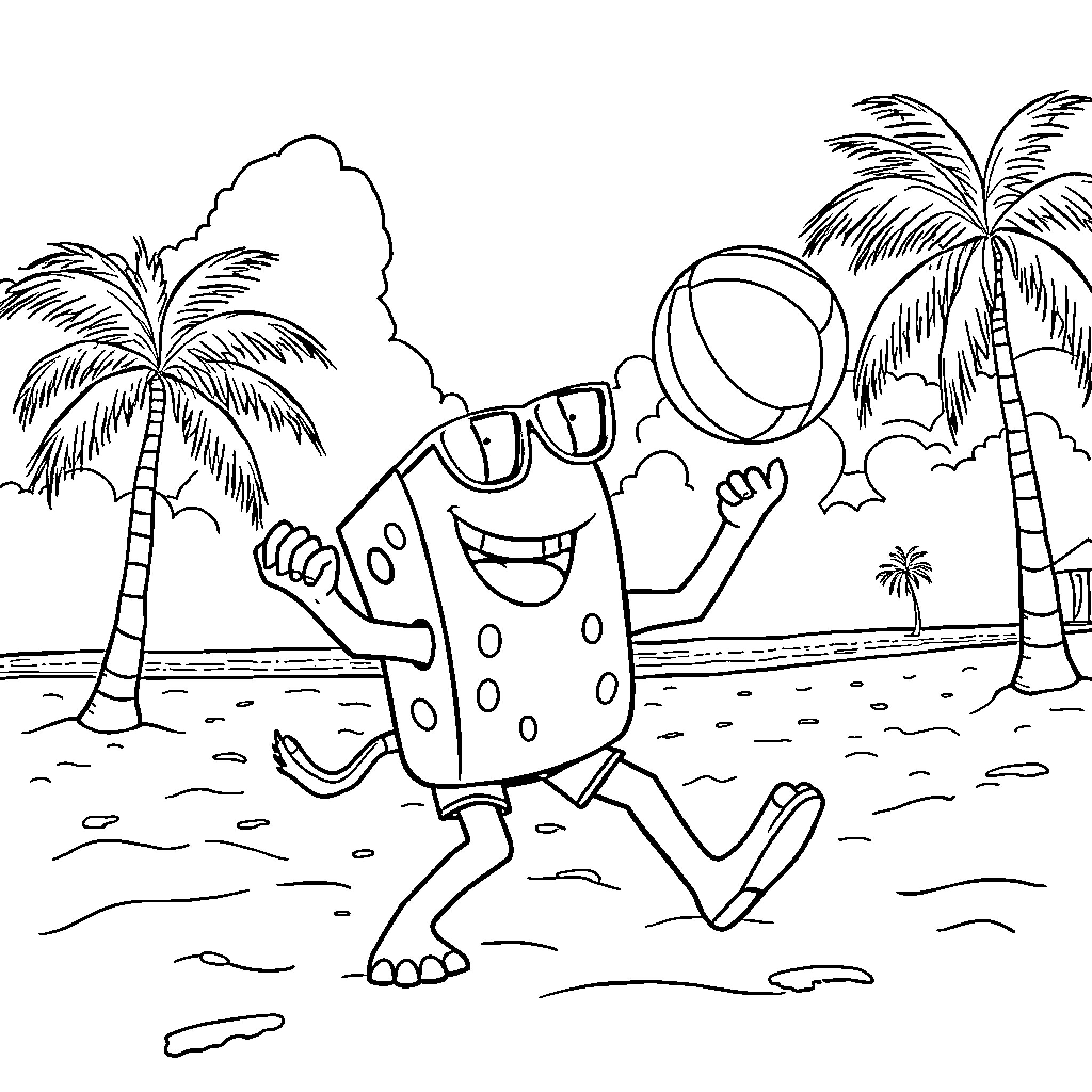 Creeper enjoys a day at the beach Coloring Page (free black-and-white line drawing printable PDF for all, from beginners to advanced learners, including children, teens, adults, and seniors)