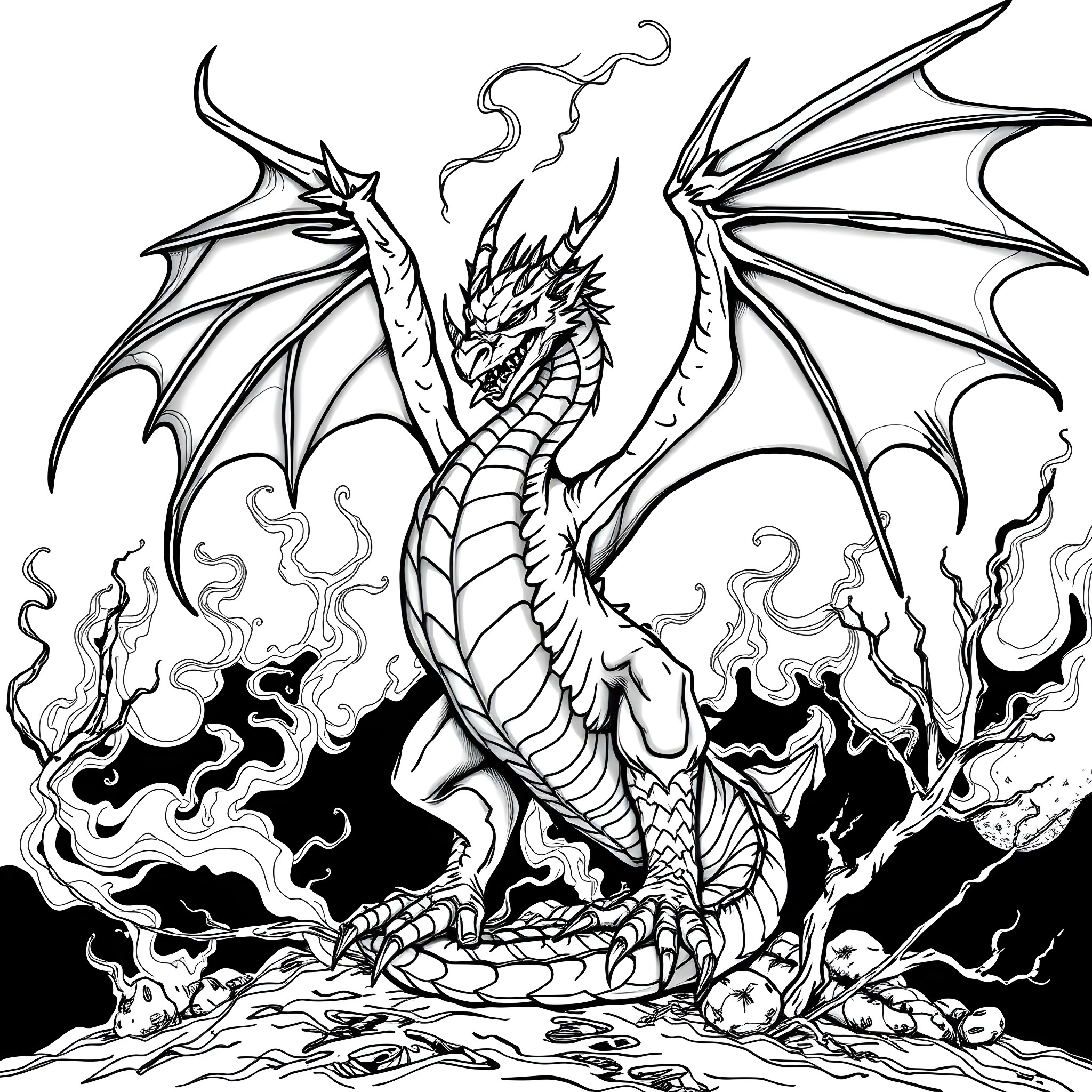 Dragon unleashing mighty flames in a dramatic scene Coloring Page (free black-and-white line drawing printable PDF for all, from beginners to advanced learners, including children, teens, adults, and seniors)