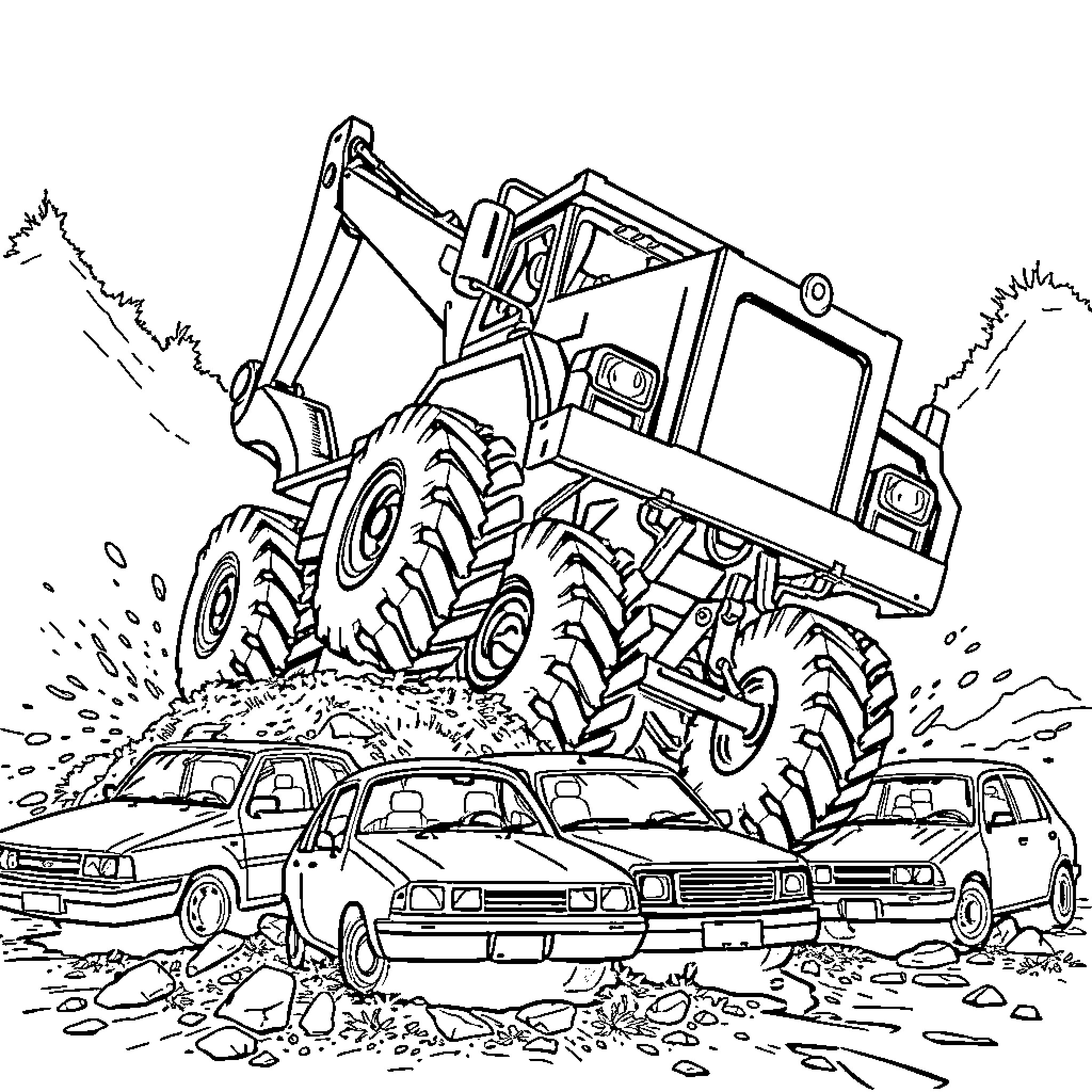 Gravedigger's Powerful Excavation Amidst Wrecked Vehicles Coloring Page (free black-and-white line drawing printable PDF for all, from beginners to advanced learners, including children, teens, adults, and seniors)