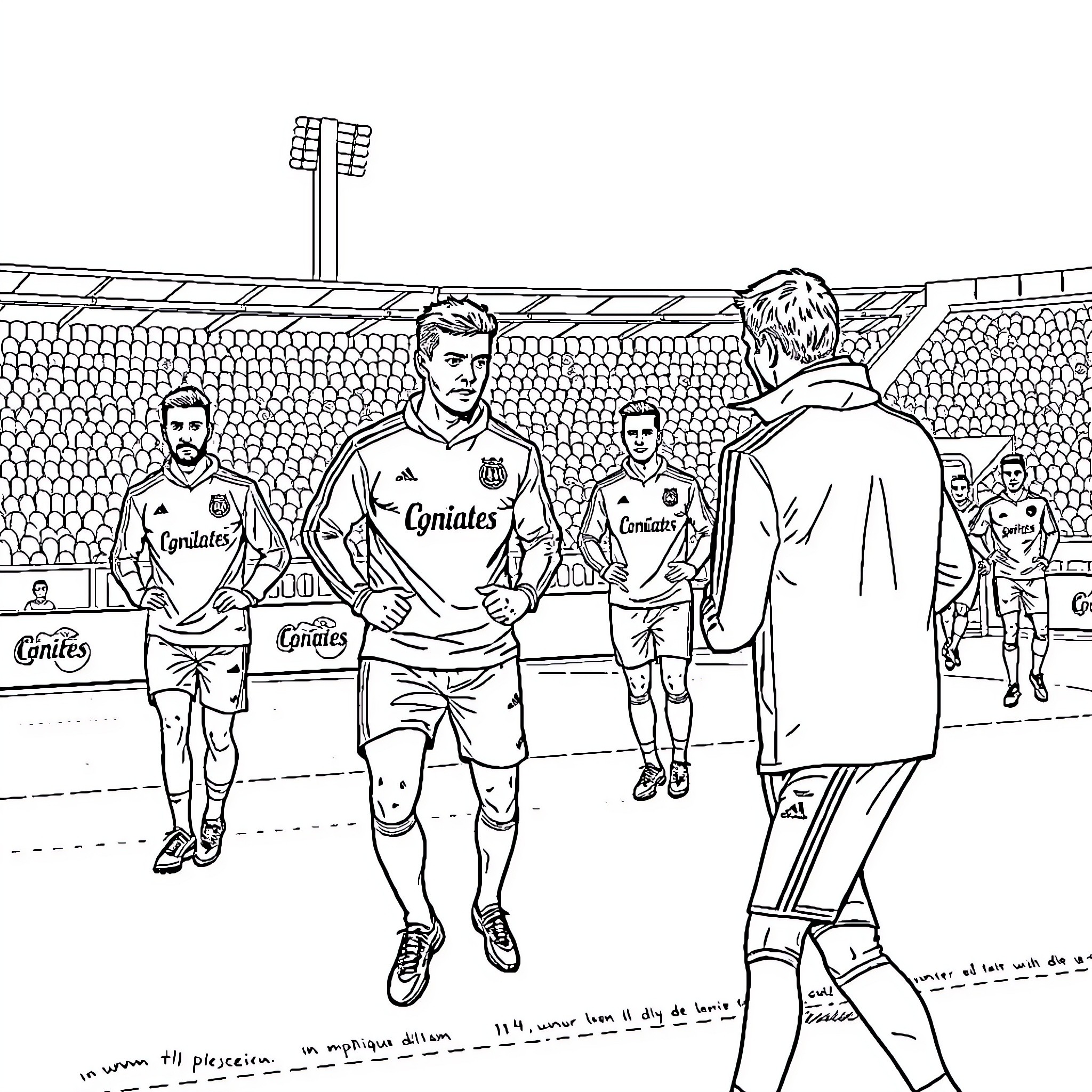 Lyonnais Football Players on the Field Coloring Page (free black-and-white line drawing printable PDF for all, from beginners to advanced learners, including children, teens, adults, and seniors)