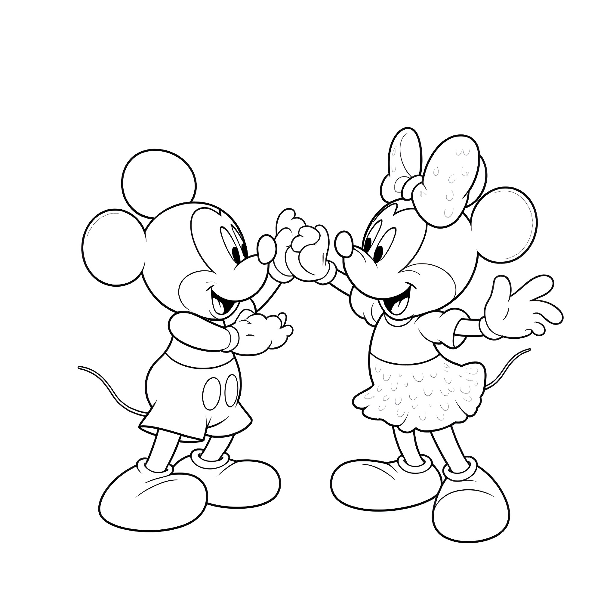 Mickey Mouse and Minnie Mouse holding hands happily Coloring Page (free black-and-white line drawing printable PDF for all, from beginners to advanced learners, including children, teens, adults, and seniors)
