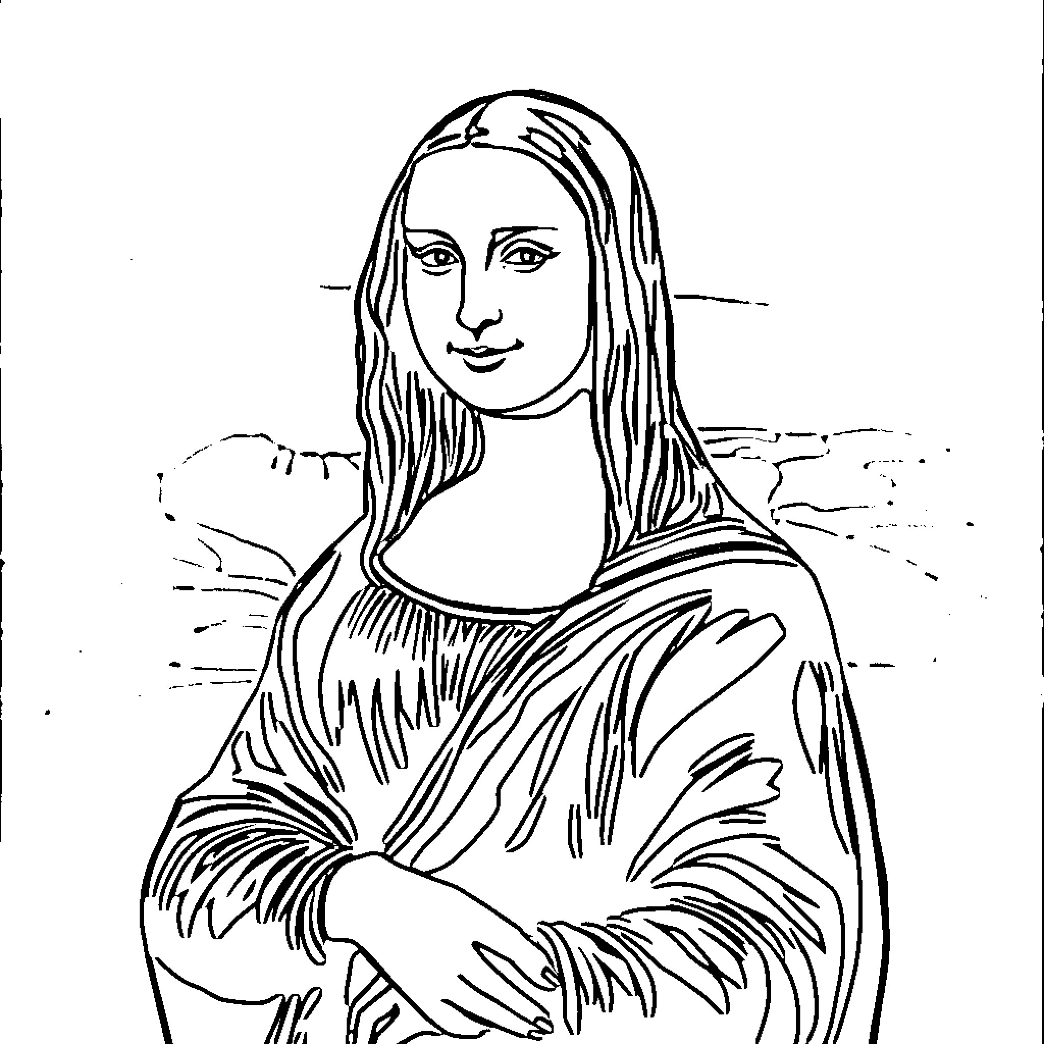 Mona Lisa's Thoughtful Expression Coloring Page (free black-and-white line drawing printable PDF for all, from beginners to advanced learners, including children, teens, adults, and seniors)