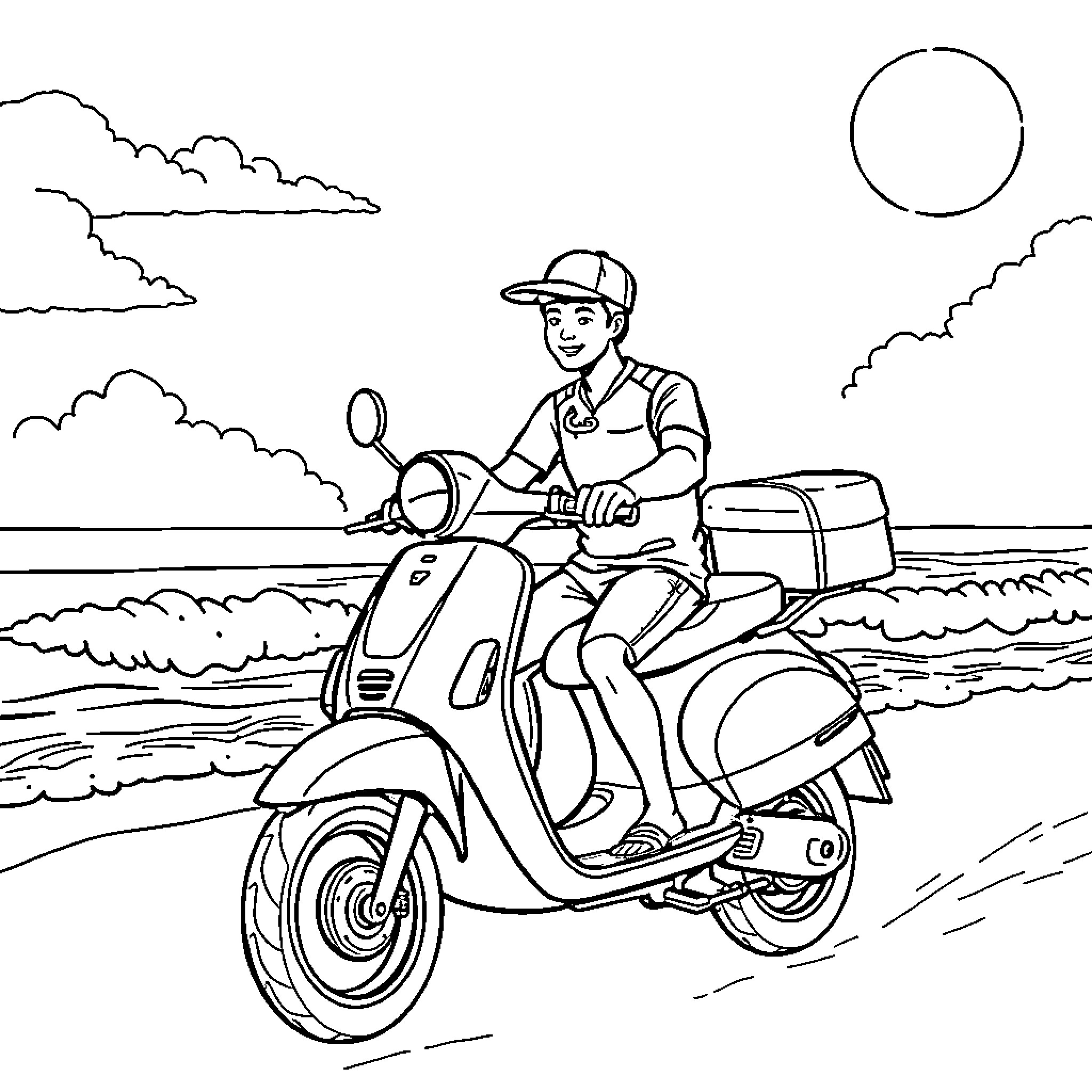 Pizza Delivery Driver Riding Scooter on Coastal Road Coloring Page (free black-and-white line drawing printable PDF for all, from beginners to advanced learners, including children, teens, adults, and seniors)