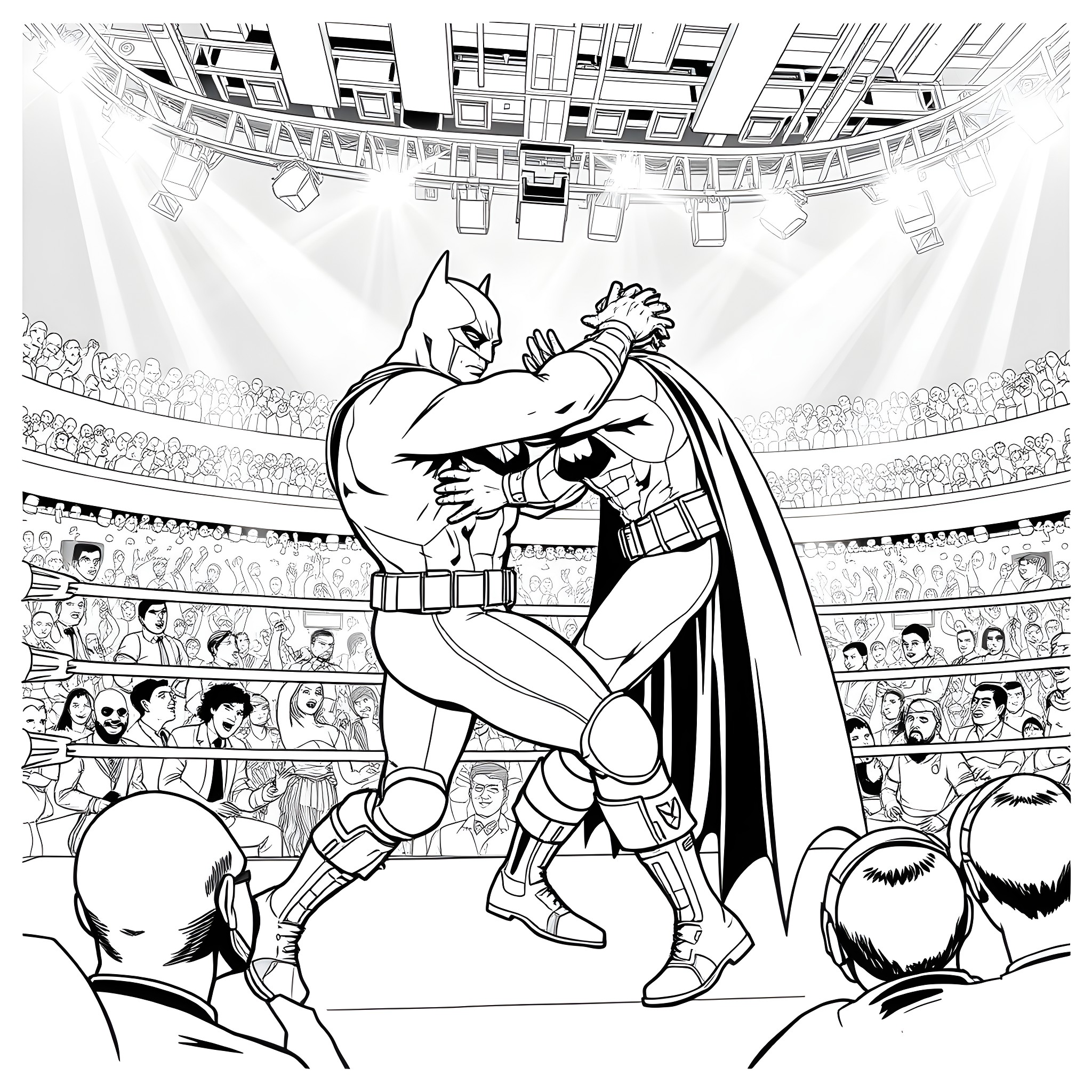 Batman's Heroic Showdown in the Arena Coloring Page (free black-and-white line drawing printable PDF for all, from beginners to advanced learners, including children, teens, adults, and seniors)