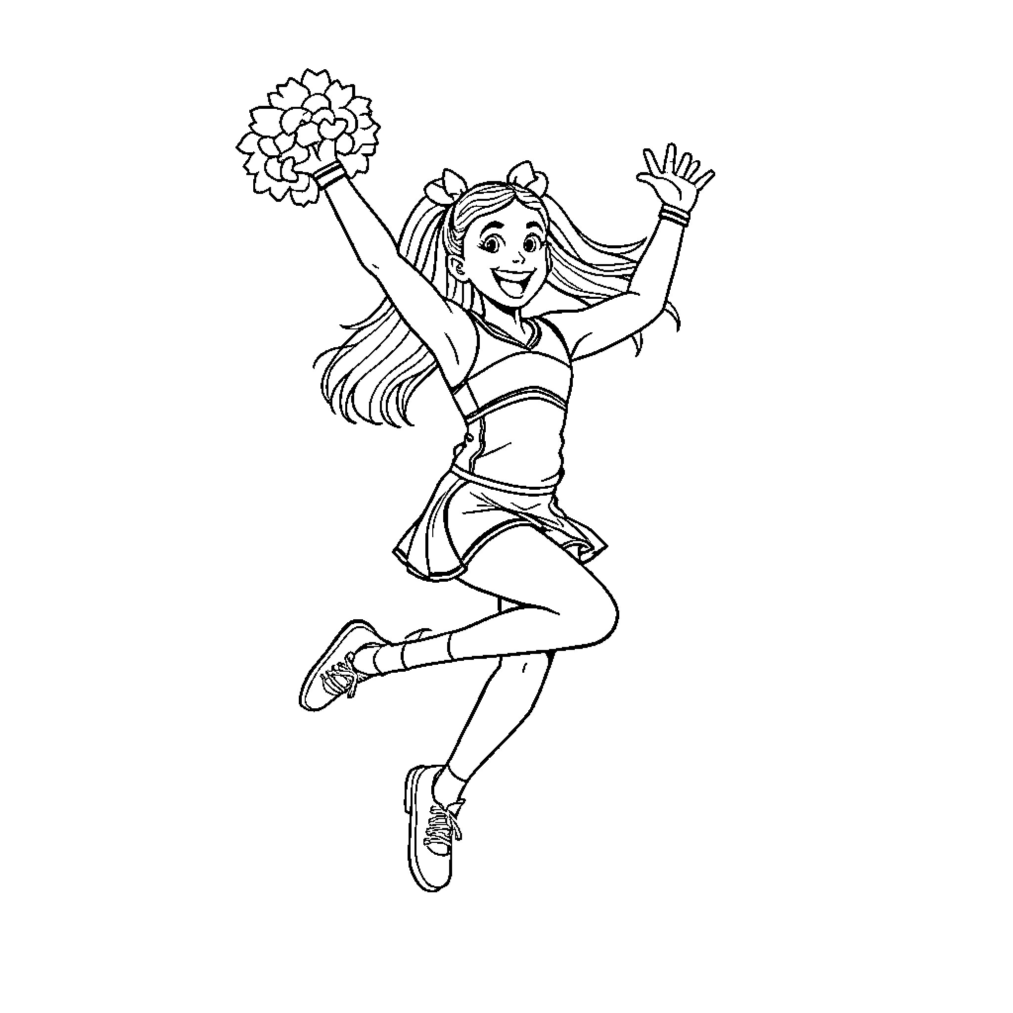 Cheerleader Jumping Joyfully with Pom-Poms Coloring Page (free black-and-white line drawing printable PDF for all, from beginners to advanced learners, including children, teens, adults, and seniors)