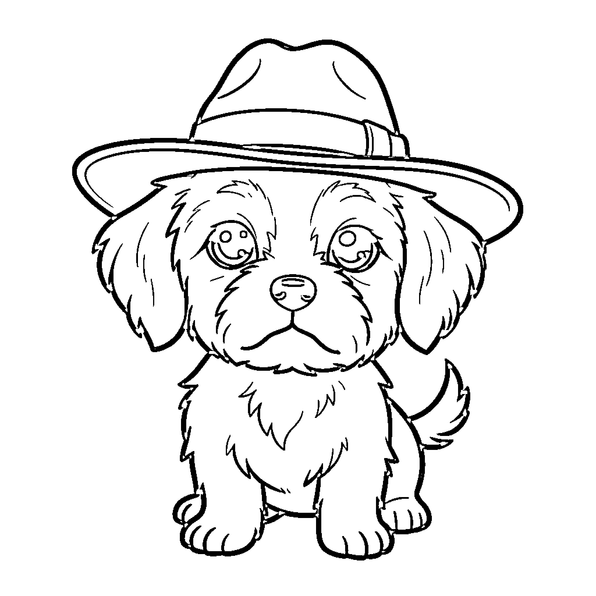 Perro wearing a hat and looking cheerful Coloring Page (free black-and-white line drawing printable PDF for all, from beginners to advanced learners, including children, teens, adults, and seniors)