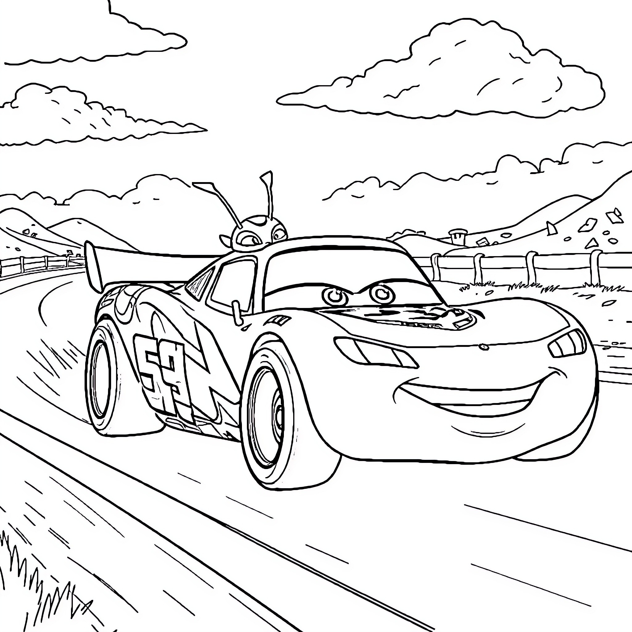 Patrouille of racing cars on open road Coloring Page (free black-and-white line drawing printable PDF for all, from beginners to advanced learners, including children, teens, adults, and seniors)