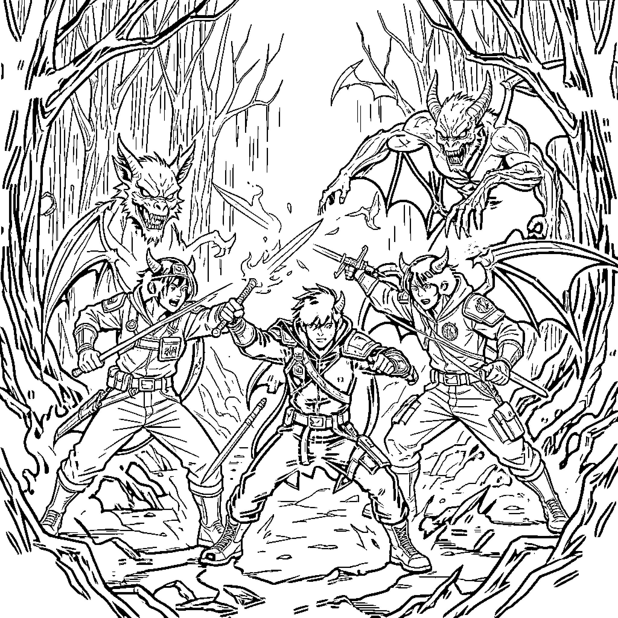 K-POP Demon Hunter fighting monsters in a forest Coloring Page (free black-and-white line drawing printable PDF for all, from beginners to advanced learners, including children, teens, adults, and seniors)