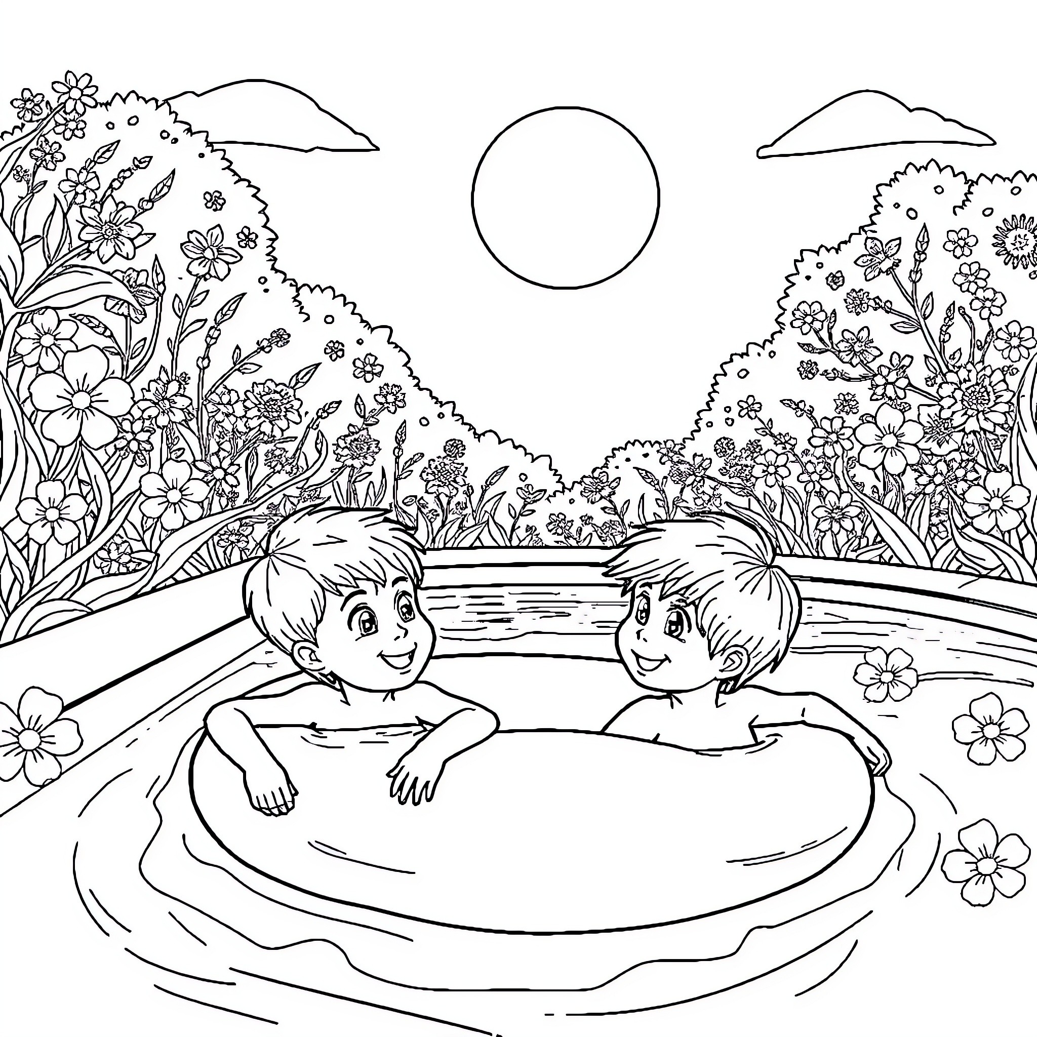 Child playing joyfully in the flower-filled pond Coloring Page (free black-and-white line drawing printable PDF for all, from beginners to advanced learners, including children, teens, adults, and seniors)