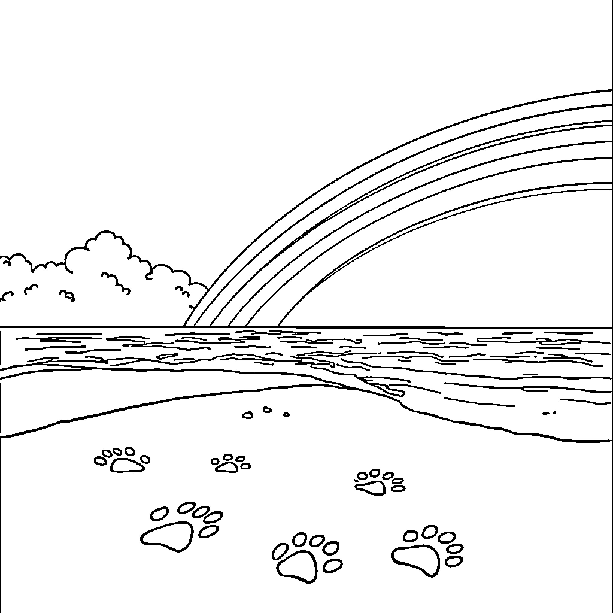 Paw Prints on the Beach Under a Rainbow Coloring Page (free black-and-white line drawing printable PDF for all, from beginners to advanced learners, including children, teens, adults, and seniors)
