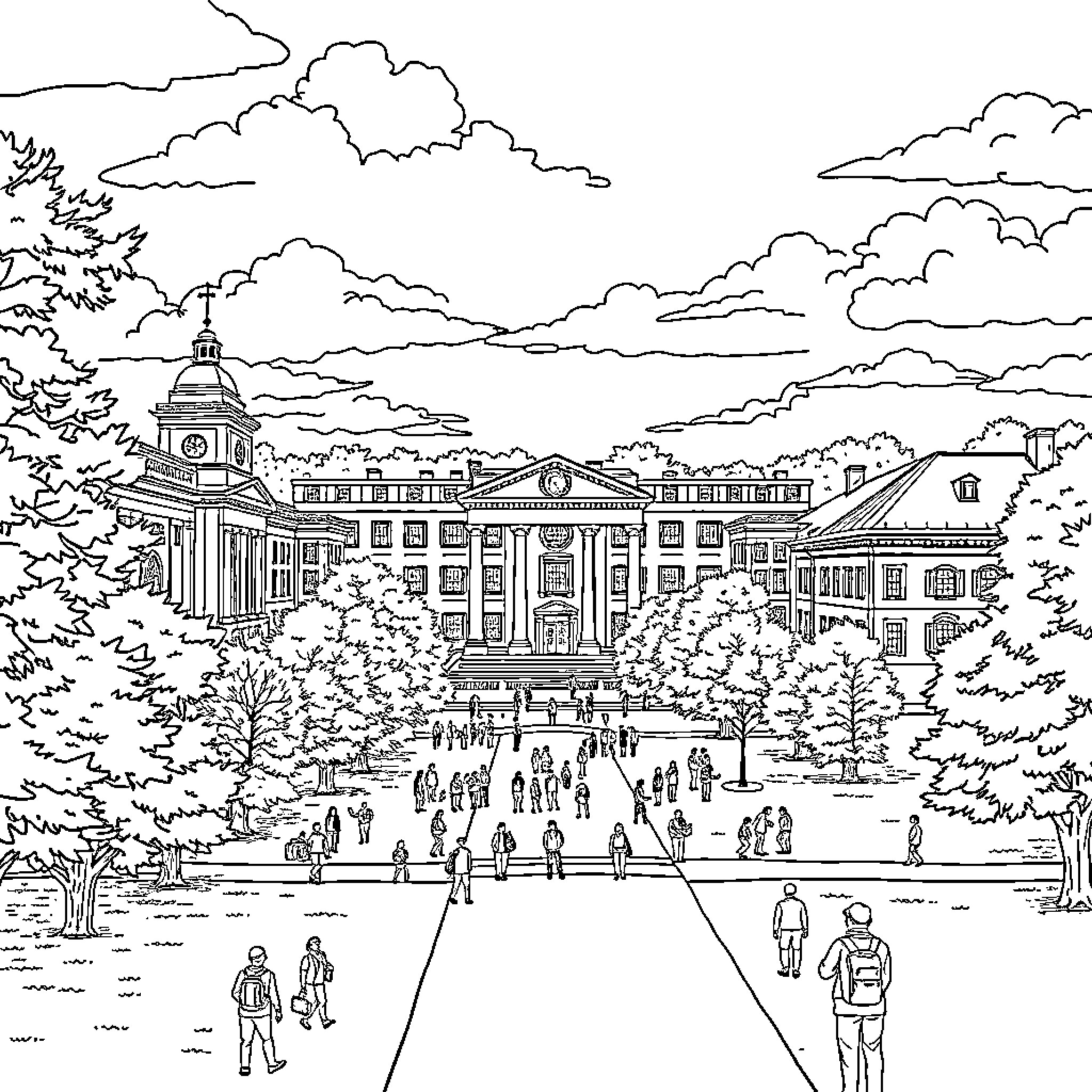 Georgia UGA campus scene with students and historic architecture Coloring Page (free black-and-white line drawing printable PDF for all, from beginners to advanced learners, including children, teens, adults, and seniors)