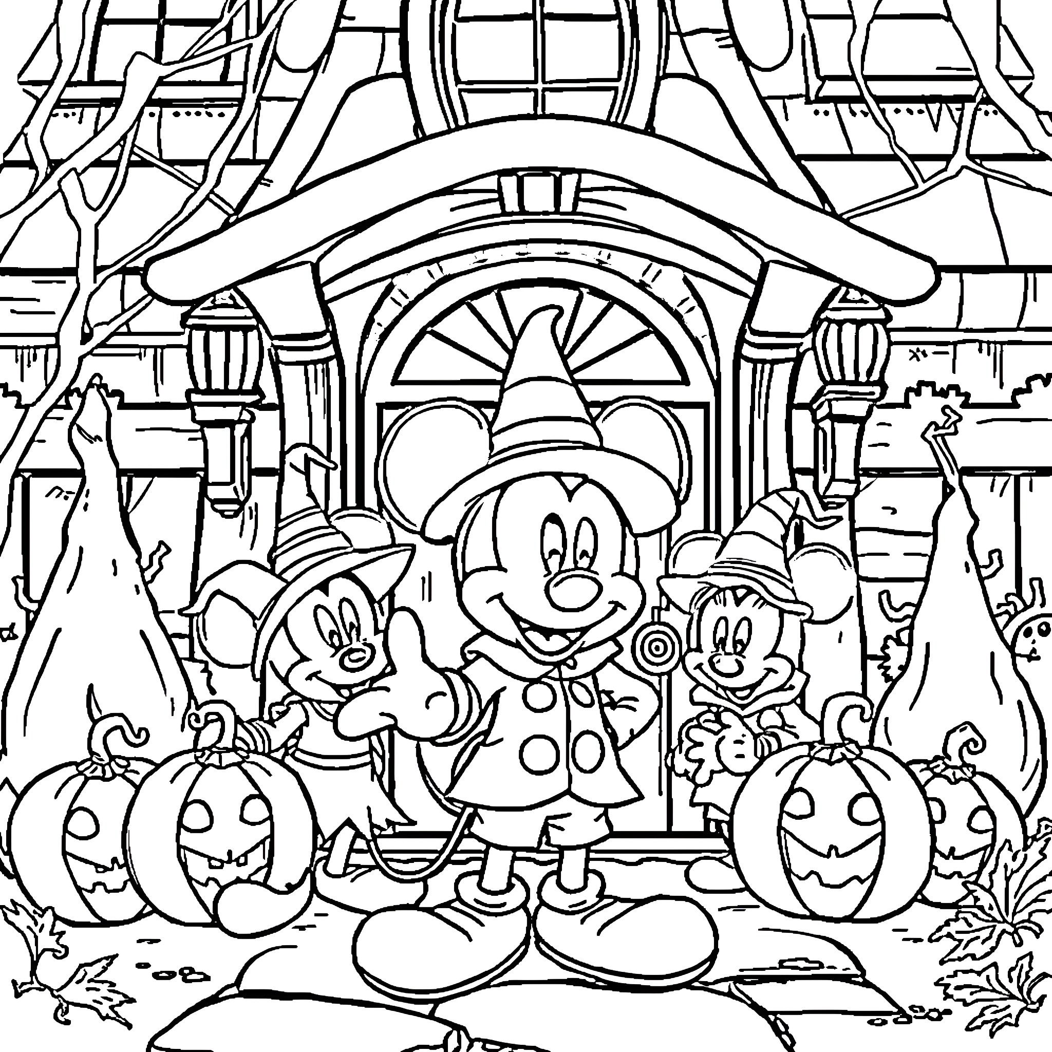 Mickey Mouse and Friends Celebrate Halloween in Disneyland Coloring Page (free black-and-white line drawing printable PDF for all, from beginners to advanced learners, including children, teens, adults, and seniors)