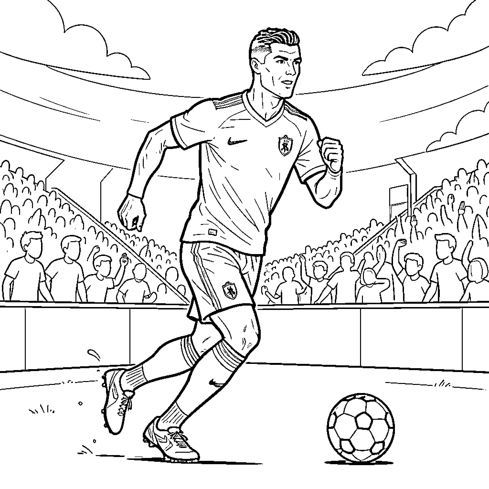 Cristiano Ronaldo dribbling a soccer ball in a stadium Coloring Page (free black-and-white line drawing printable PDF for all, from beginners to advanced learners, including children, teens, adults, and seniors)