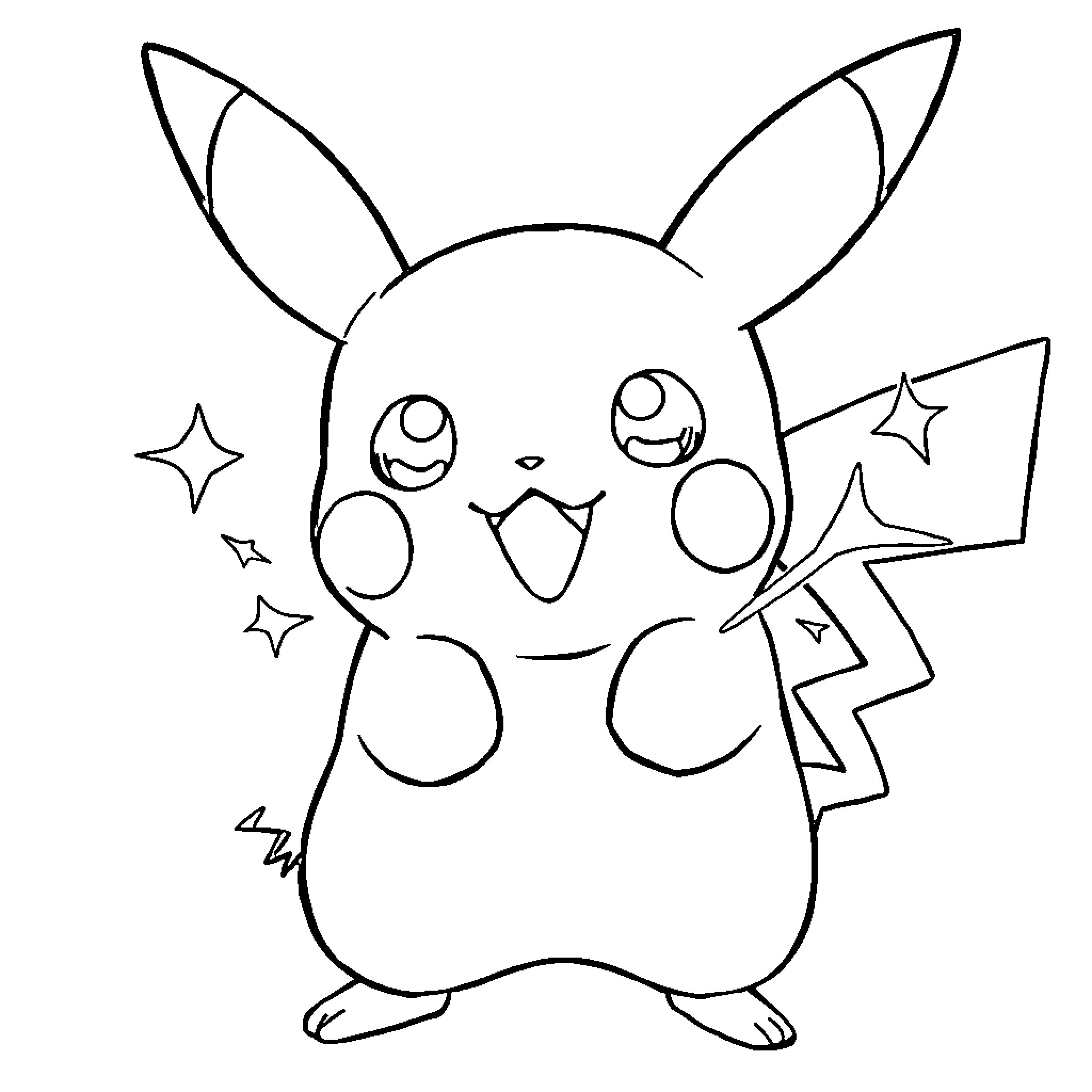 Pikachu waving happily with stars Coloring Page (free black-and-white line drawing printable PDF for all, from beginners to advanced learners, including children, teens, adults, and seniors)