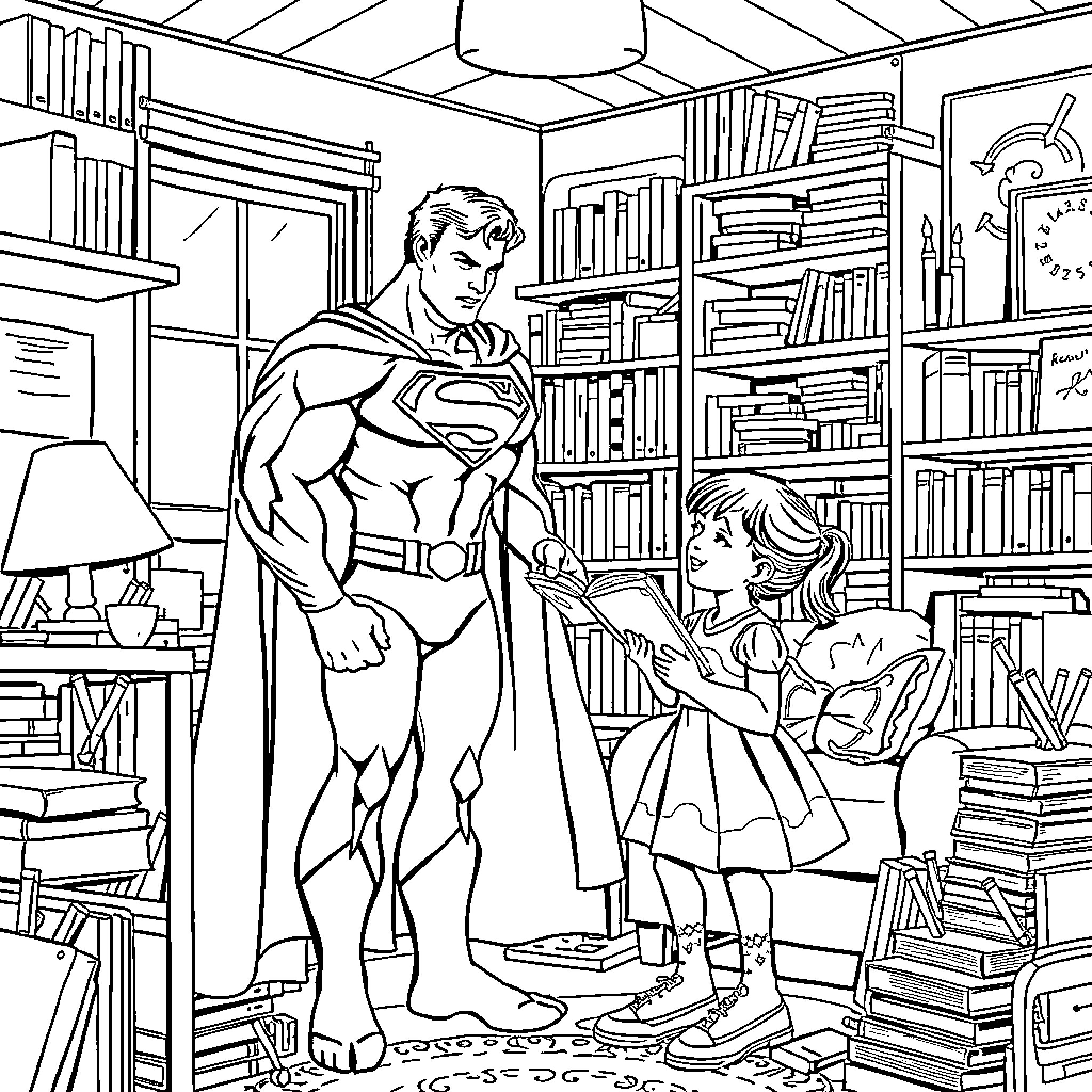 Superman visiting a young girl in the library Coloring Page (free black-and-white line drawing printable PDF for all, from beginners to advanced learners, including children, teens, adults, and seniors)