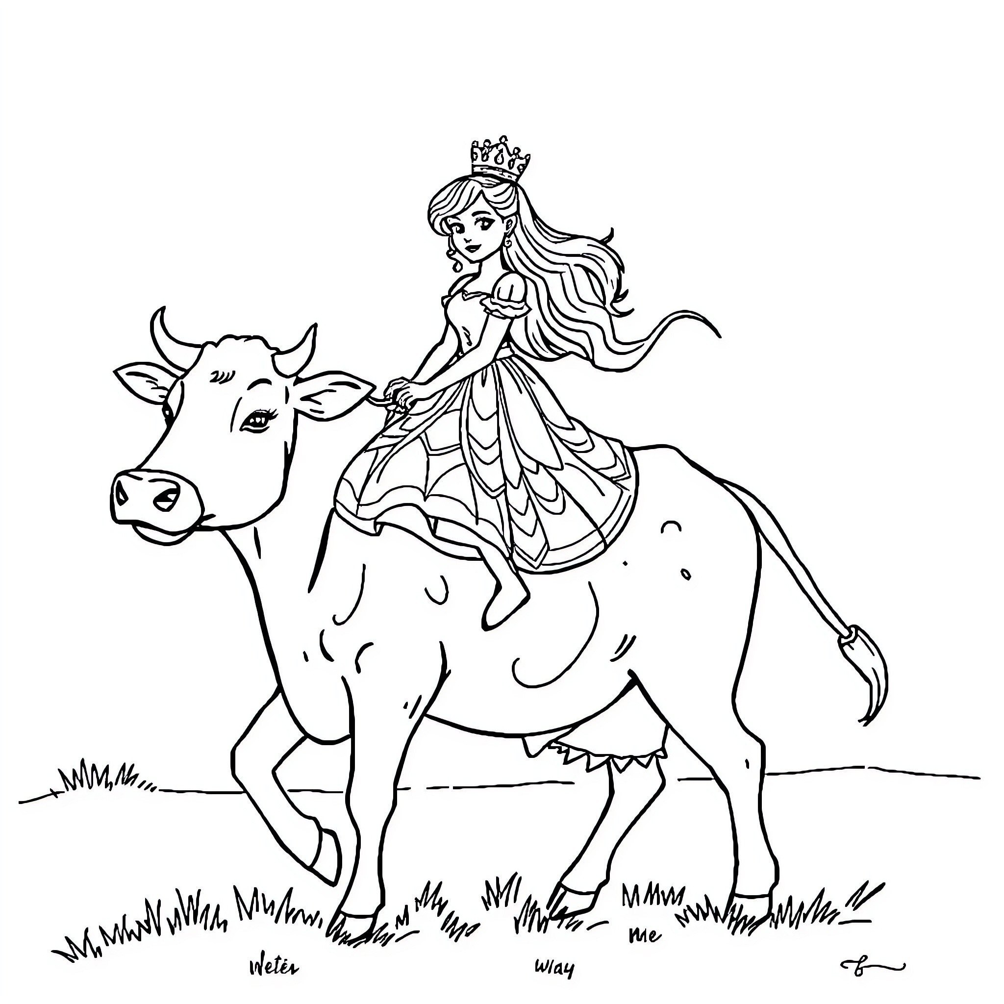 Princess riding a spotted cow in the field Coloring Page (free black-and-white line drawing printable PDF for all, from beginners to advanced learners, including children, teens, adults, and seniors)