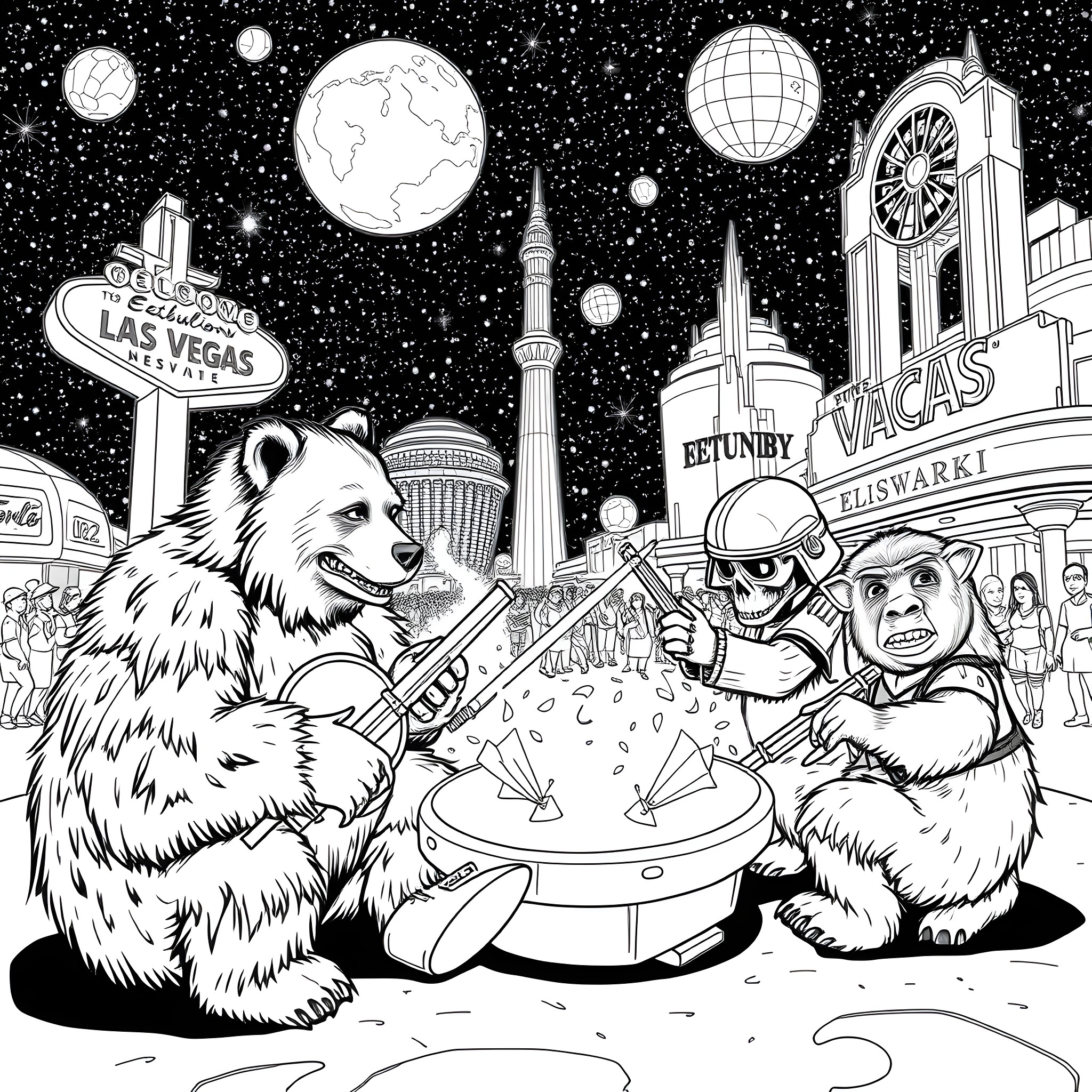 Bear musicians playing in a lively city night scene Coloring Page (free black-and-white line drawing printable PDF for all, from beginners to advanced learners, including children, teens, adults, and seniors)