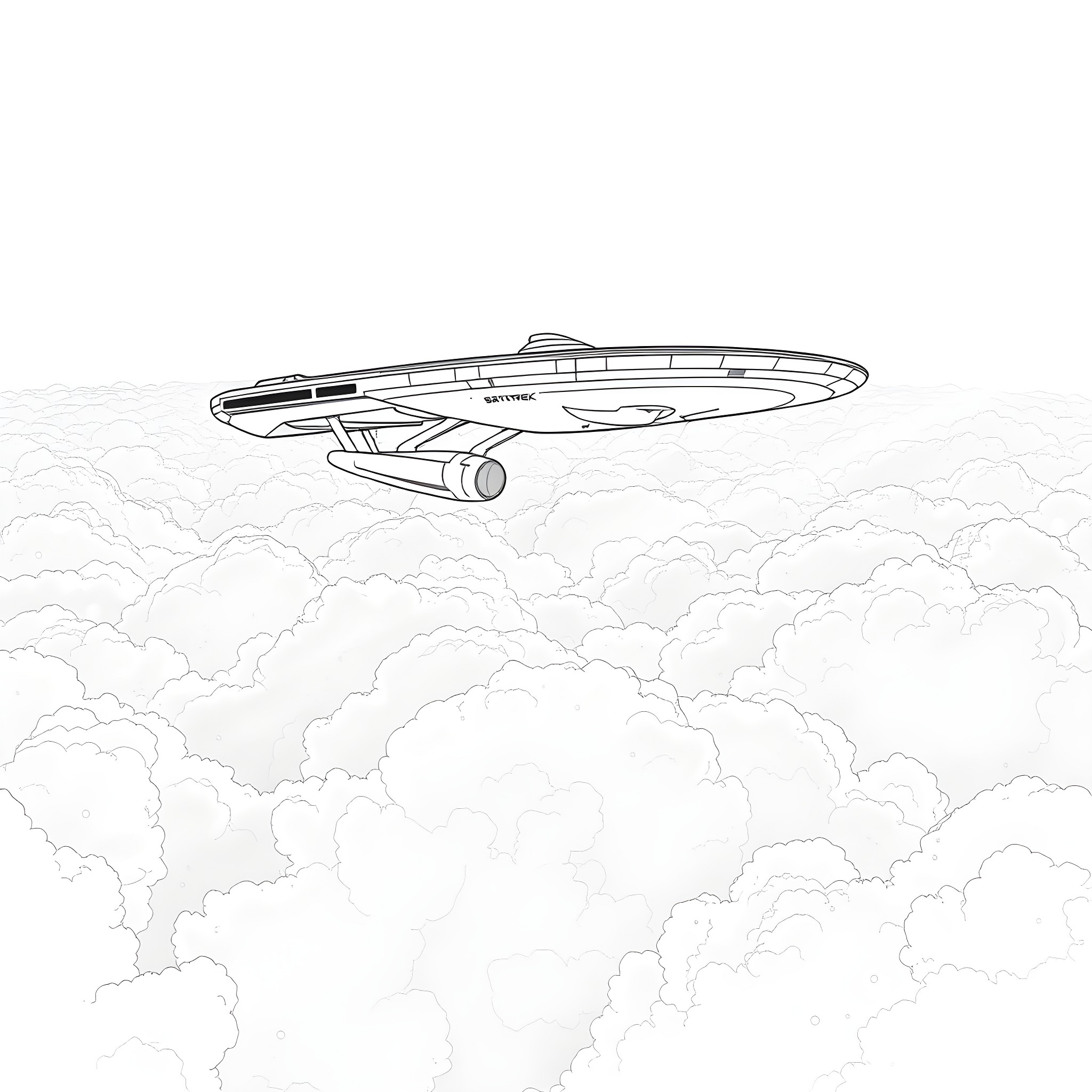 Starship soaring through the clouds Coloring Page (free black-and-white line drawing printable PDF for all, from beginners to advanced learners, including children, teens, adults, and seniors)