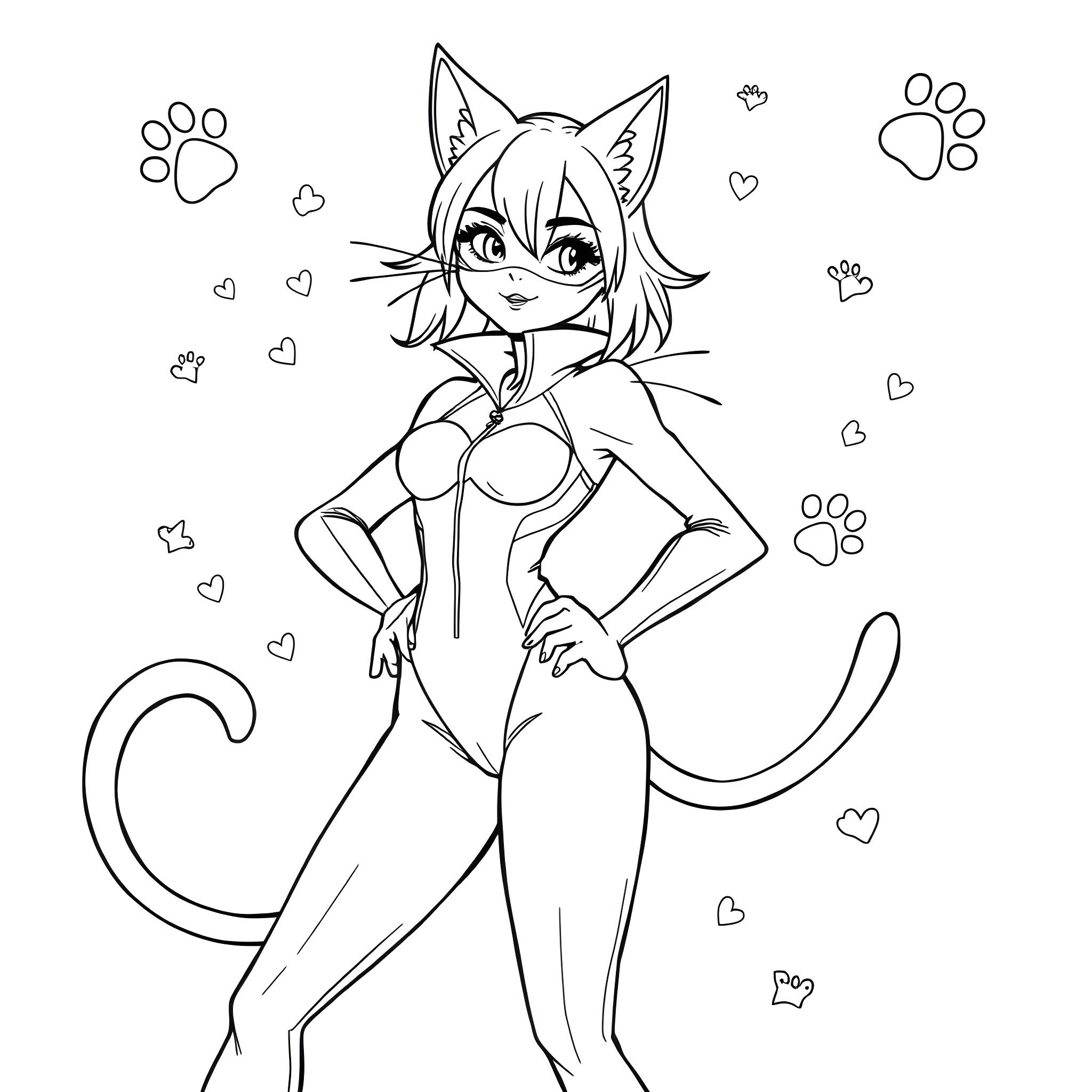 Teen Girl Cat Cosplay in Cute Pose Coloring Page (free black-and-white line drawing printable PDF for all, from beginners to advanced learners, including children, teens, adults, and seniors)