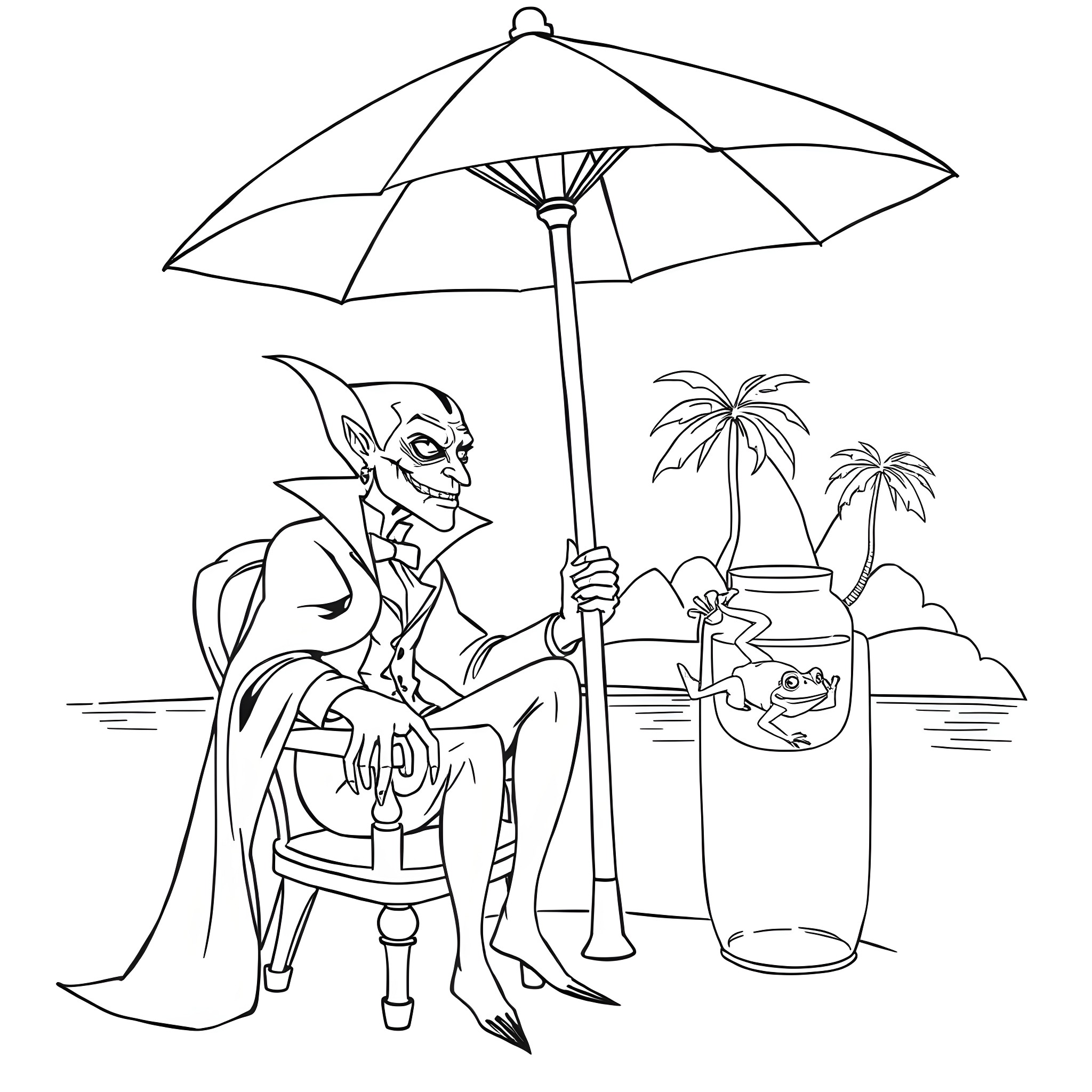 Vampire enjoying a day at the tropical beach Coloring Page (free black-and-white line drawing printable PDF for all, from beginners to advanced learners, including children, teens, adults, and seniors)