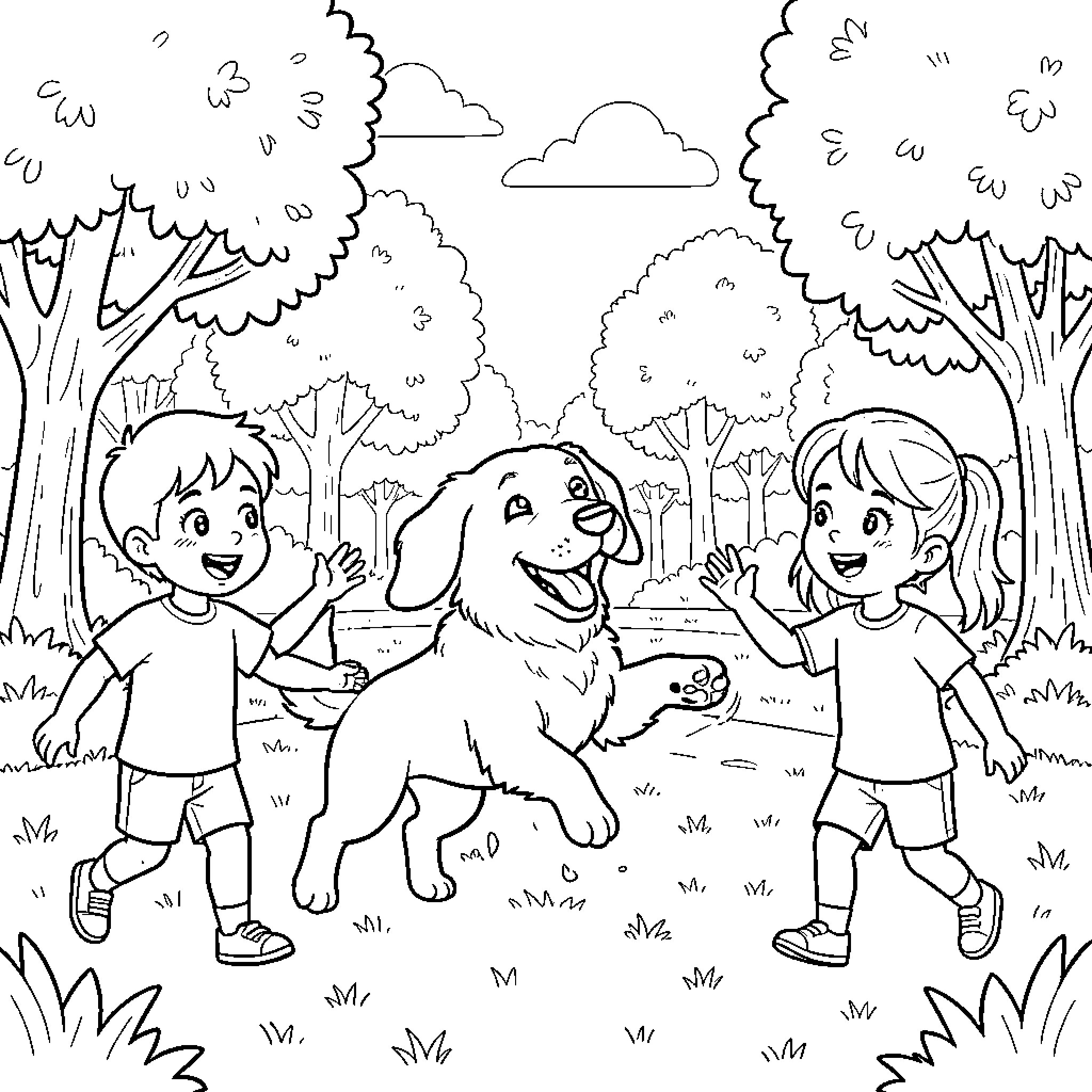 Dog playing happily with children in the park Coloring Page (free black-and-white line drawing printable PDF for all, from beginners to advanced learners, including children, teens, adults, and seniors)